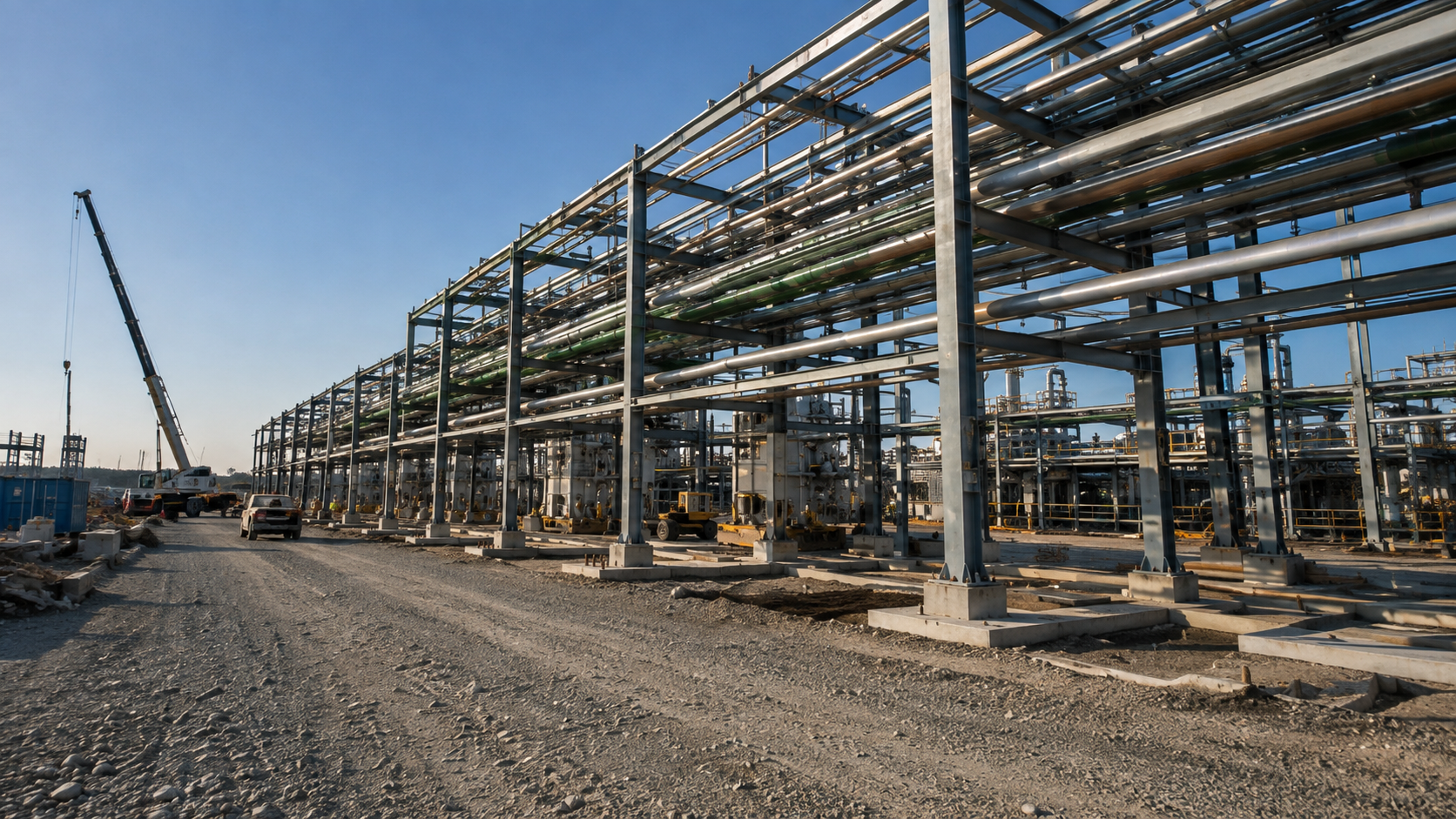 Industrial facility construction with structural steel framing, process piping, and equipment infrastructure.