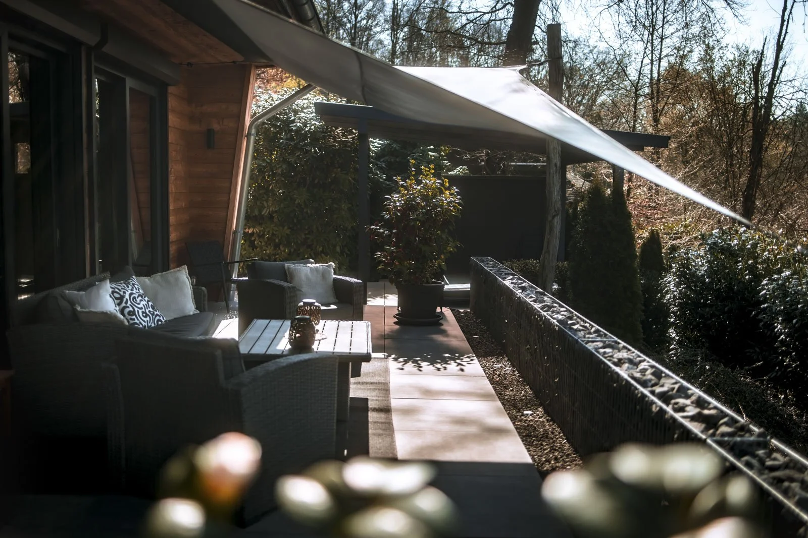 Gemütliche Terrasse mit Sitzmöbeln, Pflanzen und Blick ins grüne dichte Laub der Bäume im Garten bei Sonnenlicht.