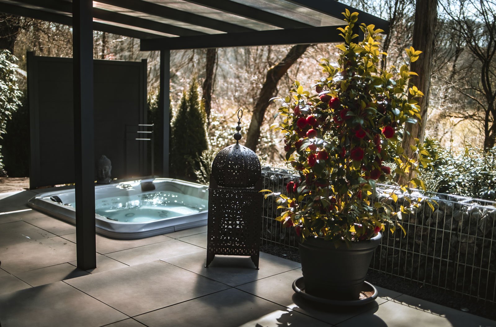 Ein Terrassenbereich mit einem aufblasbaren Whirlpool, große Pflanze mit roten Beeren in einem Topf, Sonnenlicht und umgebende Bäume im Hintergrund.