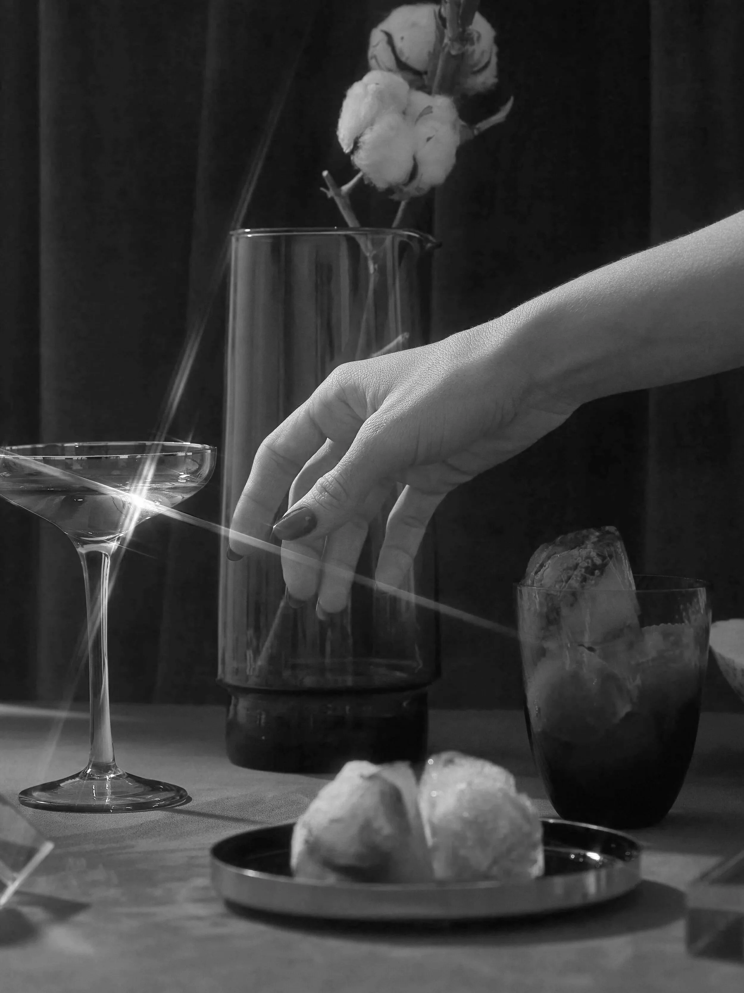Black and white photo showing a hand resting on a table with a glass of water and a small dish with an ice cube. In the background, there is a cotton plant in a vase and a drinking glass, creating a still life scene.