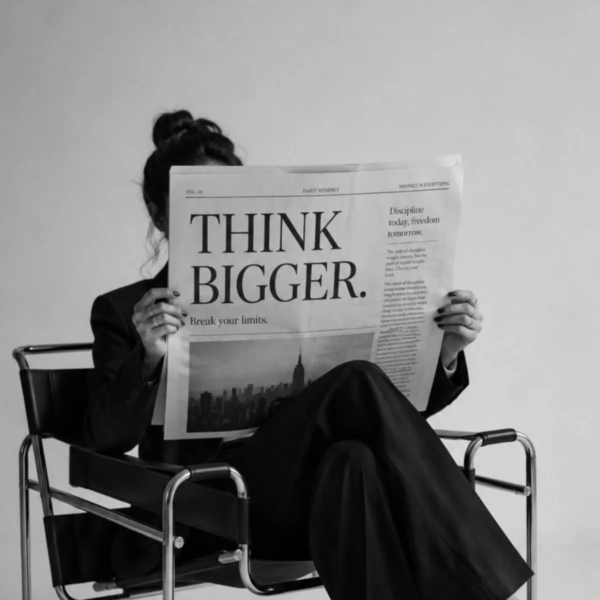 A woman sitting in a chair reading a newspaper titled 'Think Bigger', with city skyline visible on the newspaper.