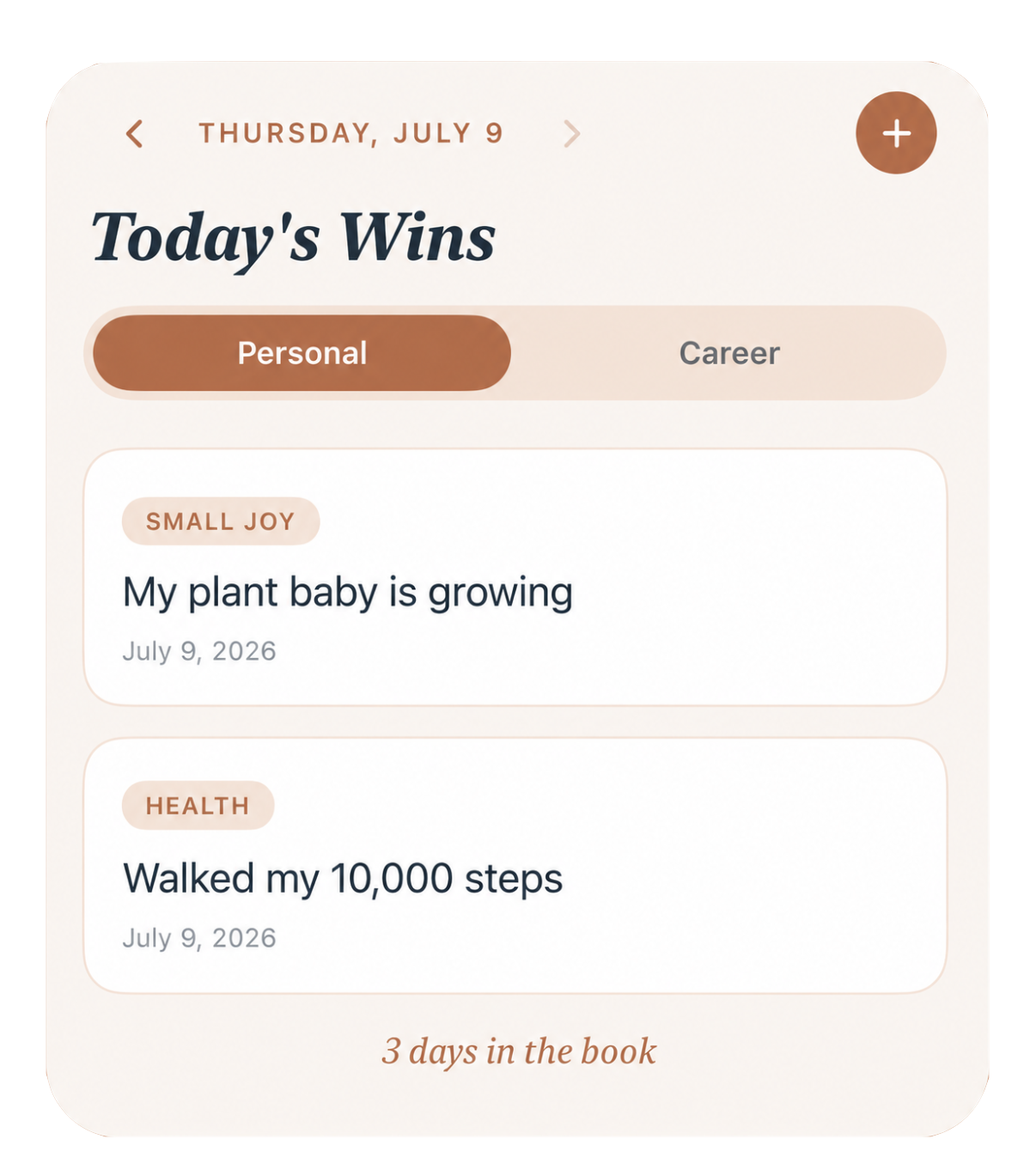 The Brag Book app interface showing today’s wins and personal and career tabs.