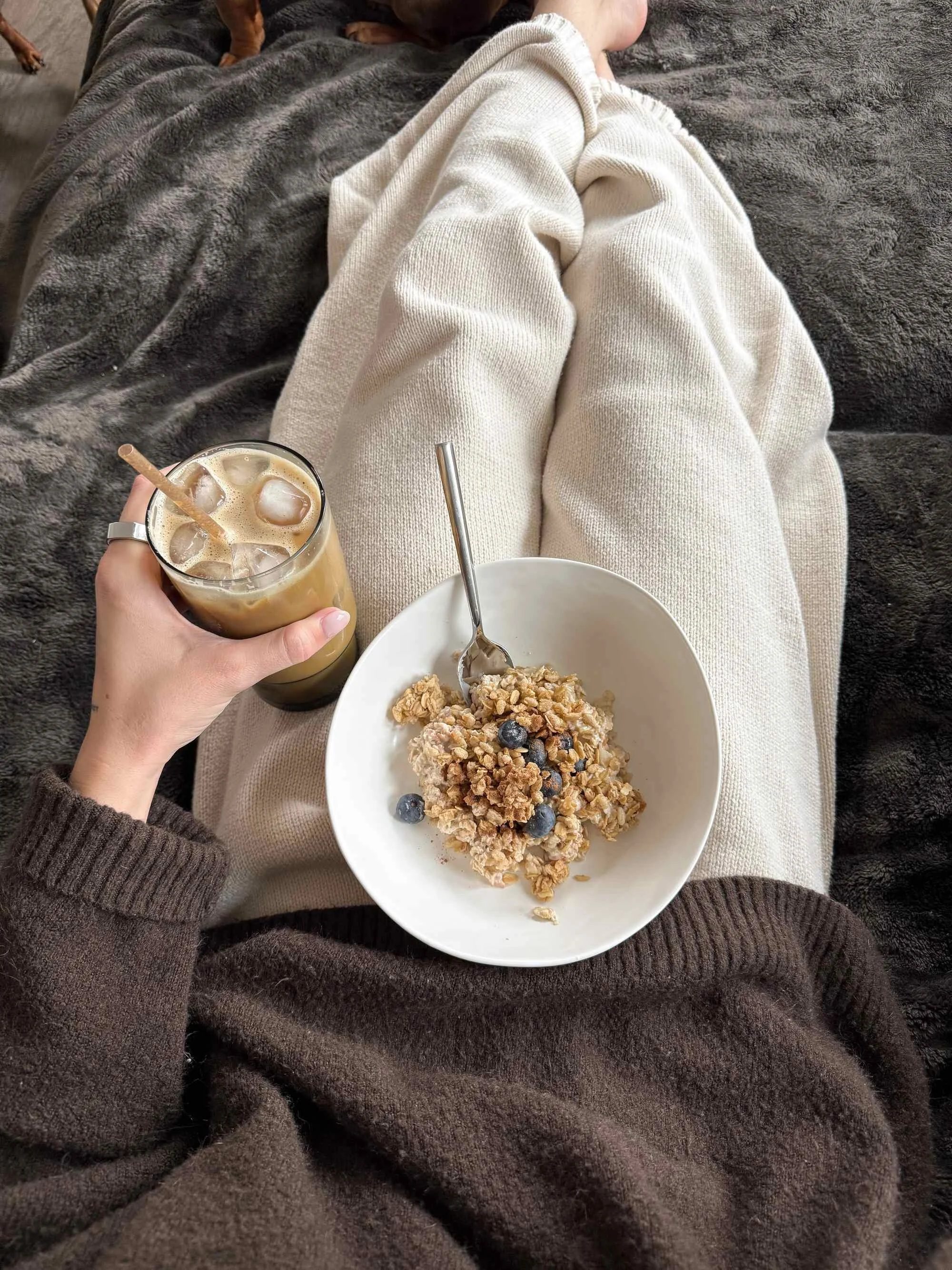 Person sitting on a couch wearing beige pants and a brown sweater, holding a glass of iced coffee with a straw in one hand, with a bowl of granola and blueberries on their lap, and a small dog sitting nearby.