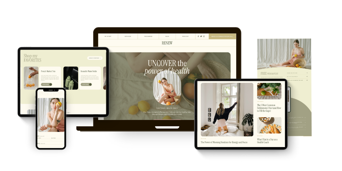 Multiple devices displaying health and wellness website pages with images of women, health products, and articles about health and daily routines.