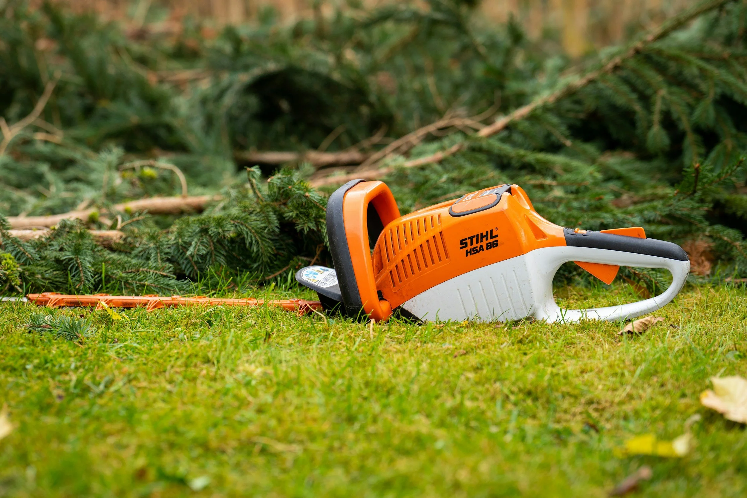 An orange and white Stihl HSA 66 battery-powered hedge trimmer lying on green grass with fallen leaves and branches nearby in a forest setting.