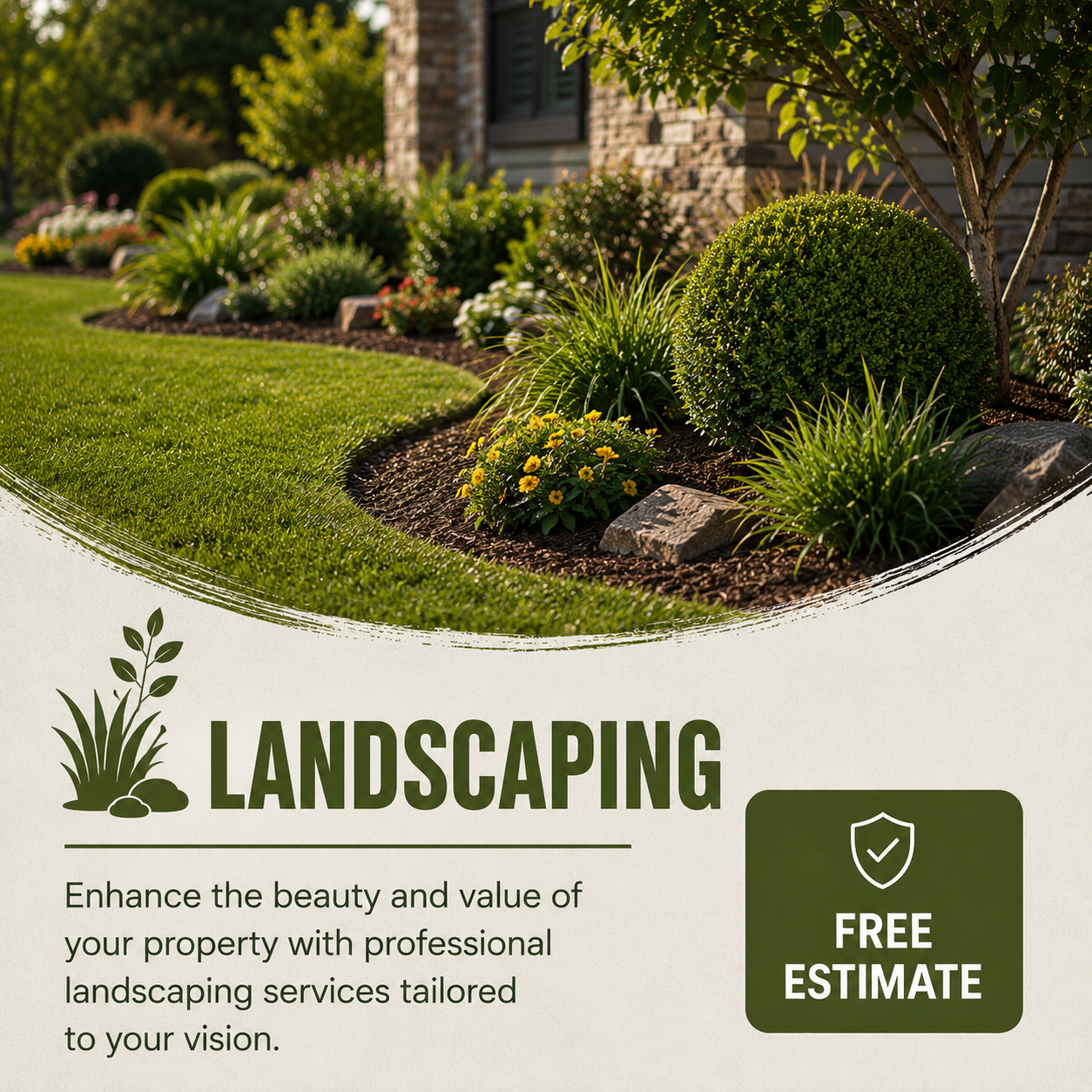 A landscaped garden with lush green grass, various shrubs, flowering plants, and trees in front of a brick house, with a promotional flyer for landscaping services offering free estimates.