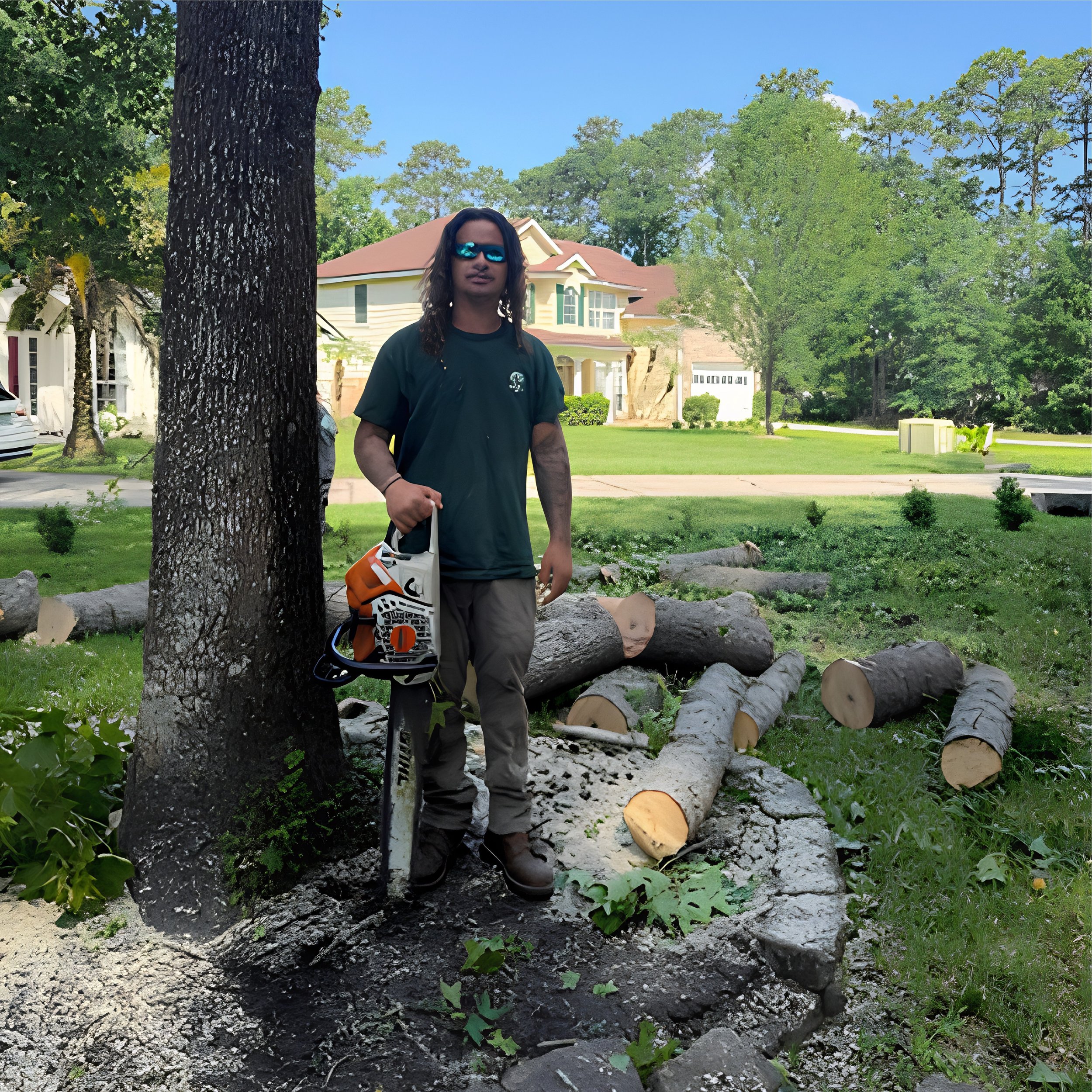 Man with long hair wearing sunglasses, dark t-shirt, and cargo pants standing outdoors near a large tree with cut logs and green shrubs, with a yellow house and green trees in the background.