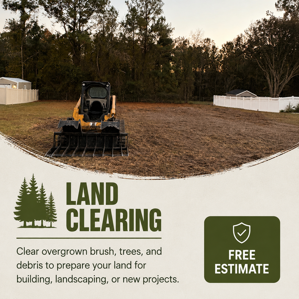 A land clearing scene with a bulldozer on a cleared plot of land surrounded by trees and white fences, in the evening. The promotional graphic includes trees and text for free estimate for land clearing.