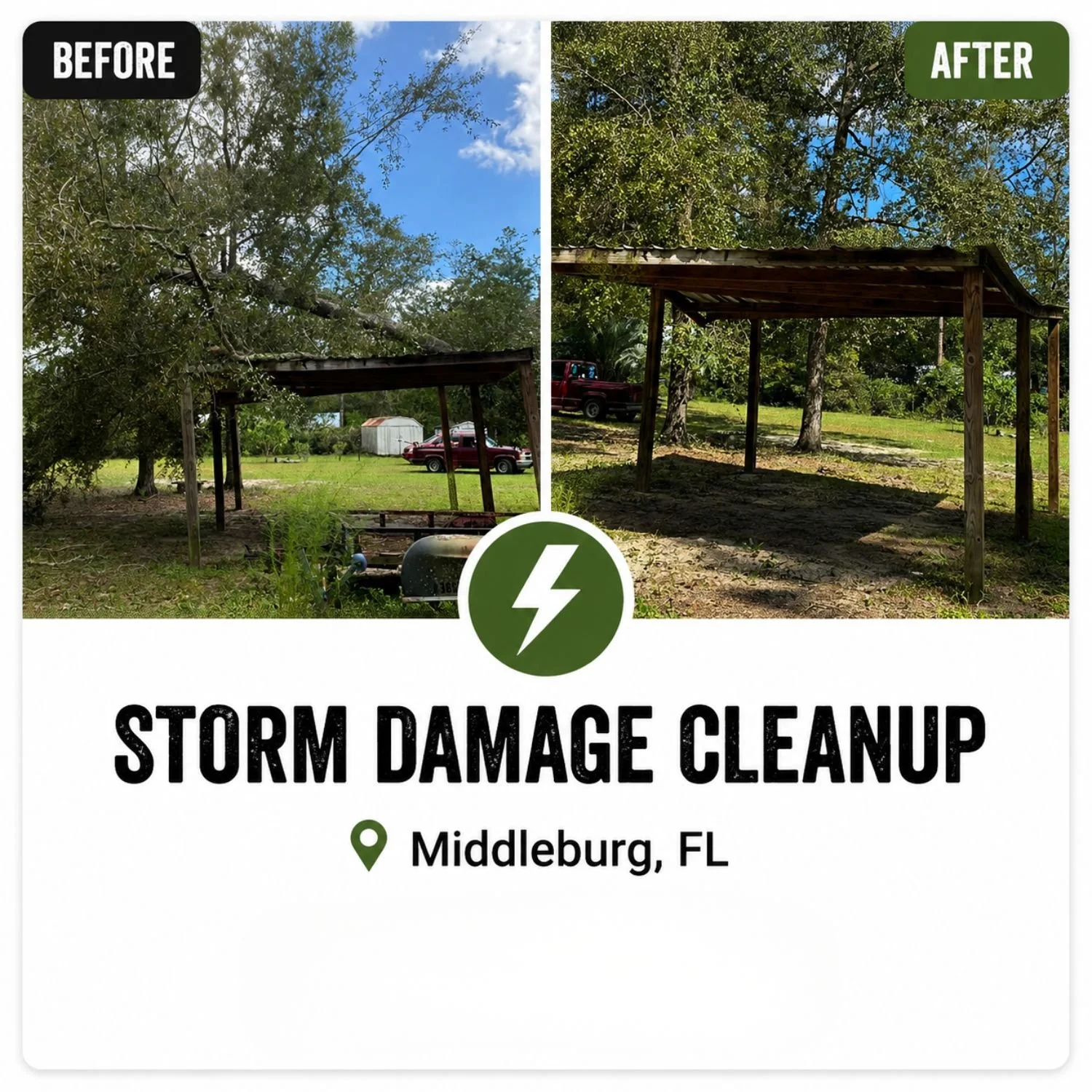 Side-by-side comparison of a yard before and after storm damage cleanup. The 'before' image shows a fallen tree on an outdoor structure, with debris and a rusty truck in the background. The 'after' image shows a cleared yard with a new wooden shelter and a clean ground surface, with trees and a red truck in the background. Text indicates the location as Middleburg, FL.