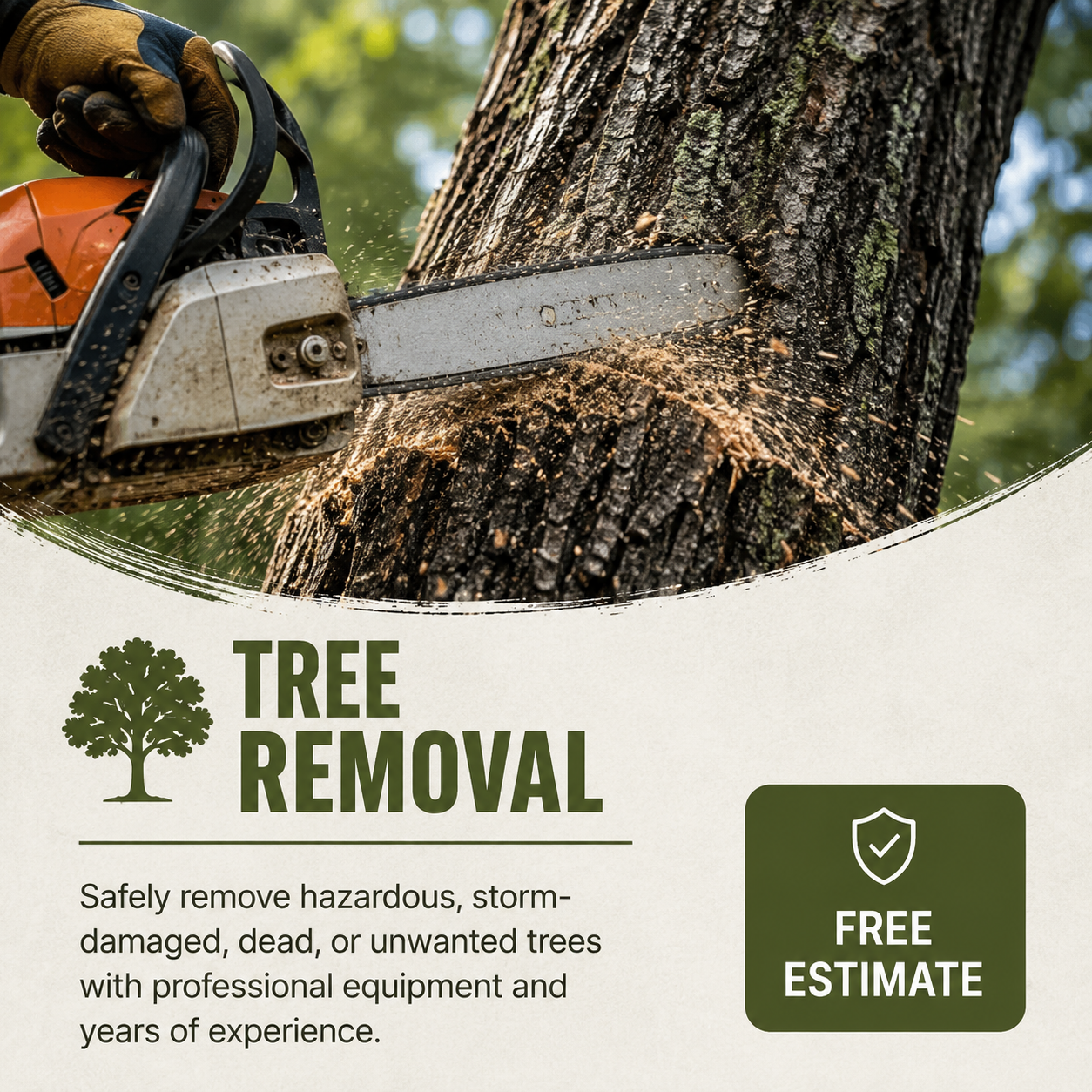 A chainsaw cutting through a tree trunk, with wood chips flying. Text overlay advertising tree removal services, emphasizing safety, professionalism, and free estimates.