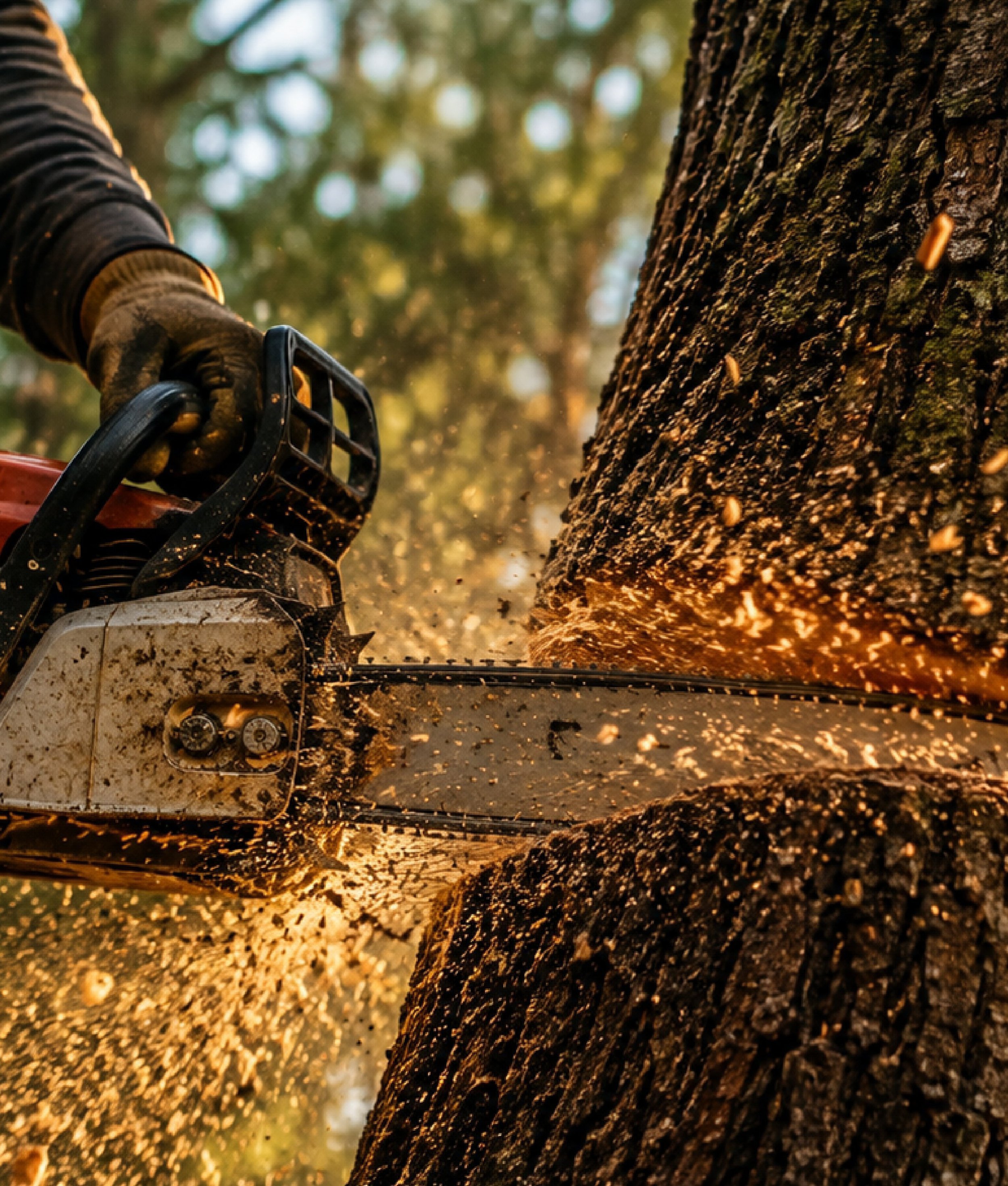 A person operating a chainsaw to cut down a large tree, with woodchips and sawdust flying as the tree is cut.