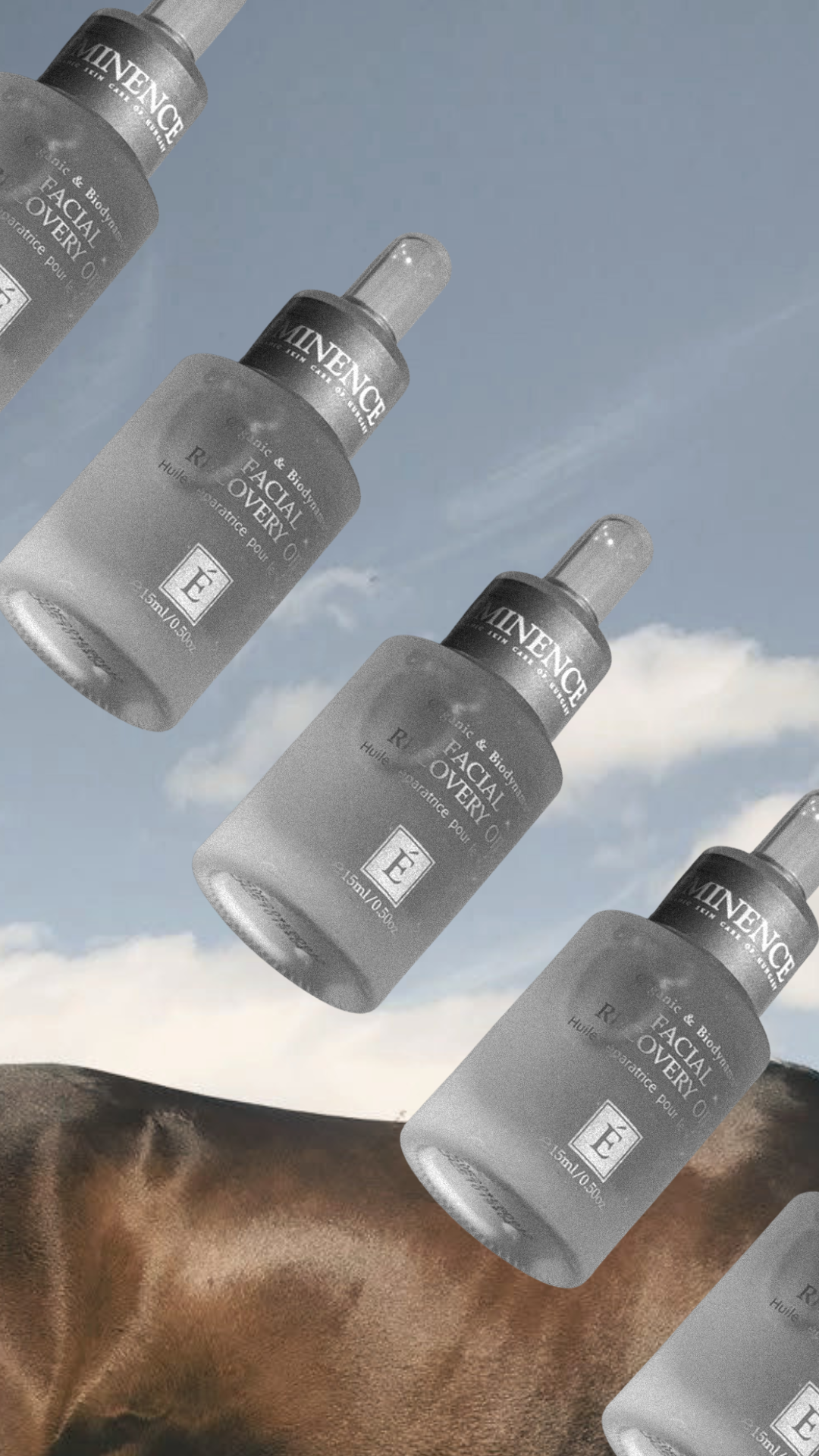 Four bottles of skincare serum positioned diagonally against a backdrop of blue sky and clouds, with a brown horse in the foreground, in an editorial-style design.