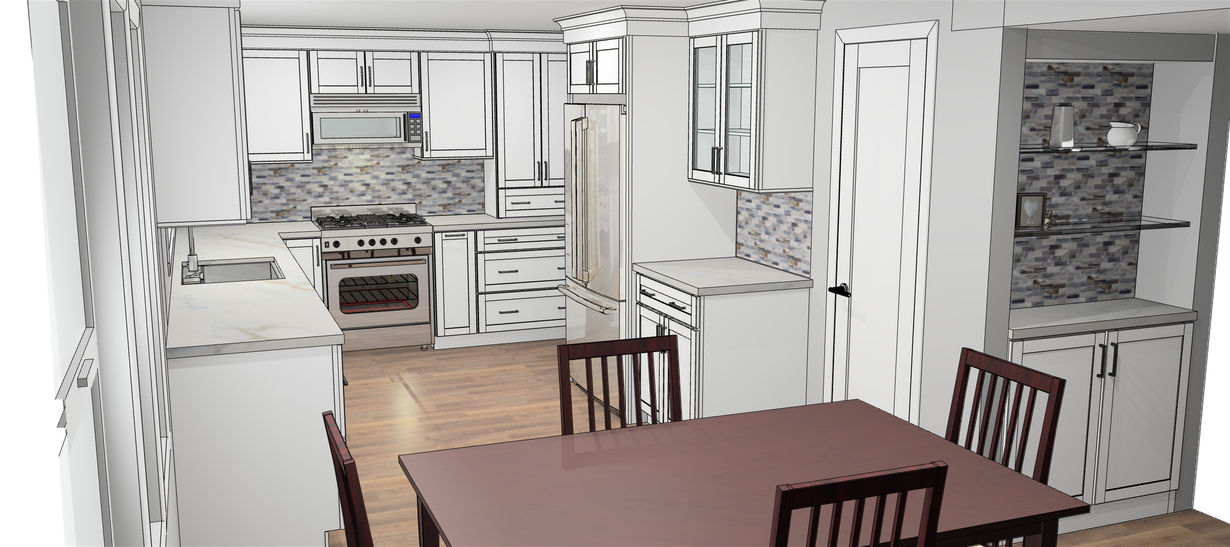 Kitchen with white cabinets, mosaic tile backsplash, built-in microwave, oven, refrigerator, and a dining table with chairs.
