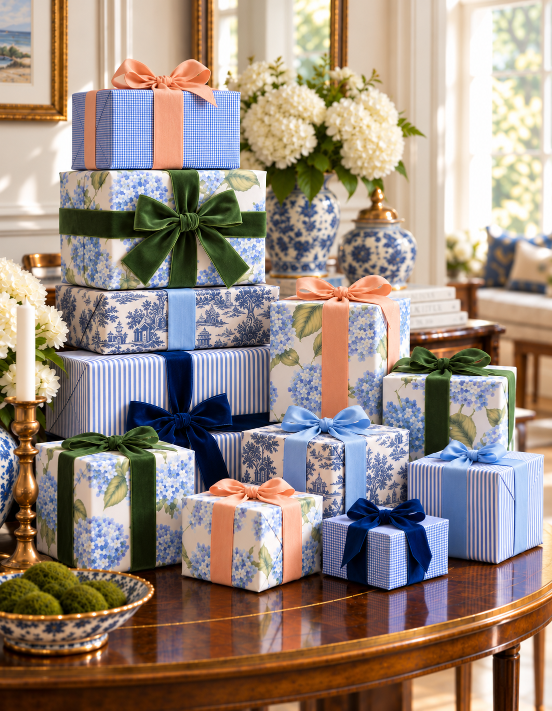 Halyard House gifts wrapped in patterned paper and ribbons, arranged on a wooden table beside white hydrangeas.