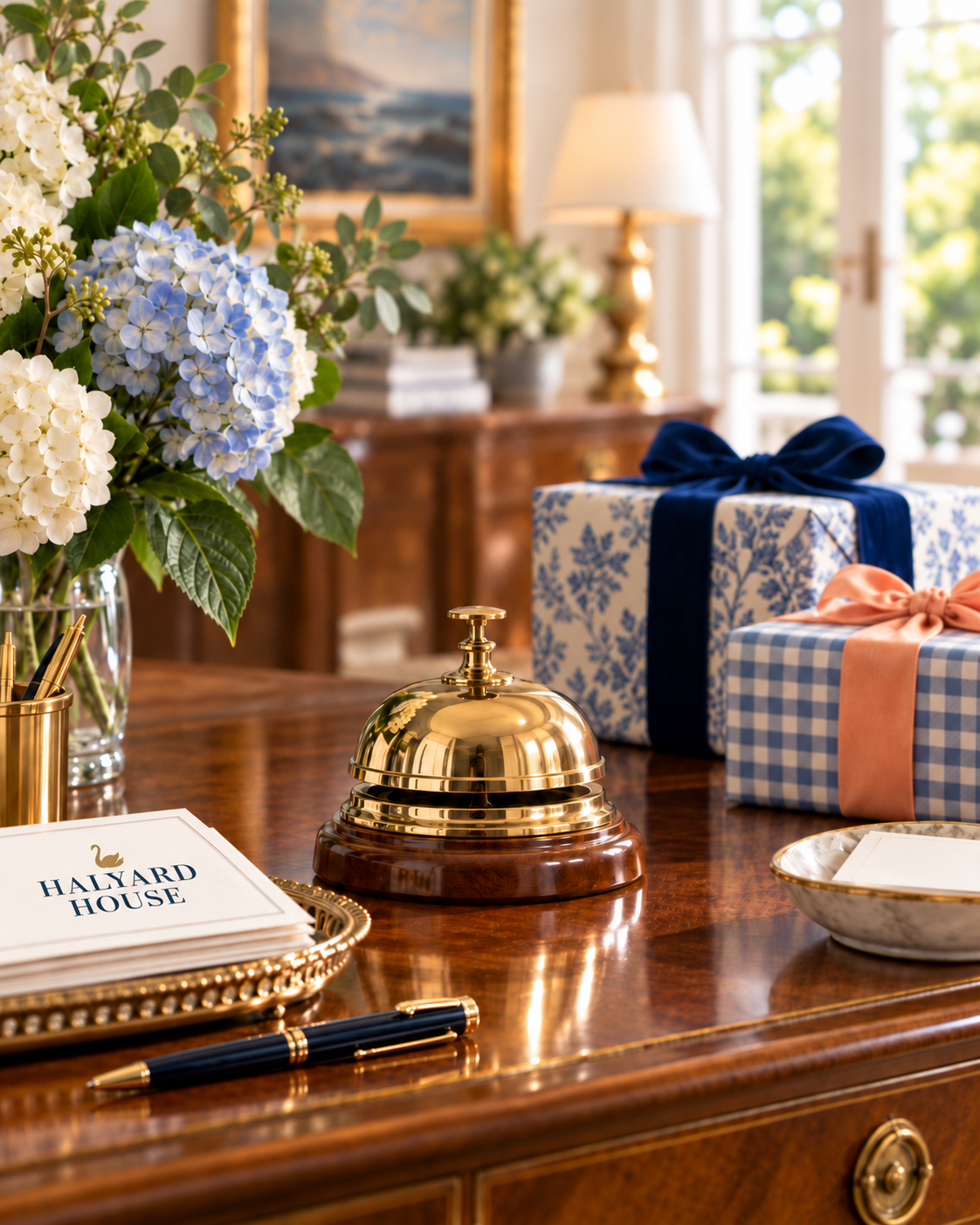 Concierge bell and Halyard House stationary in a rich office setting.
