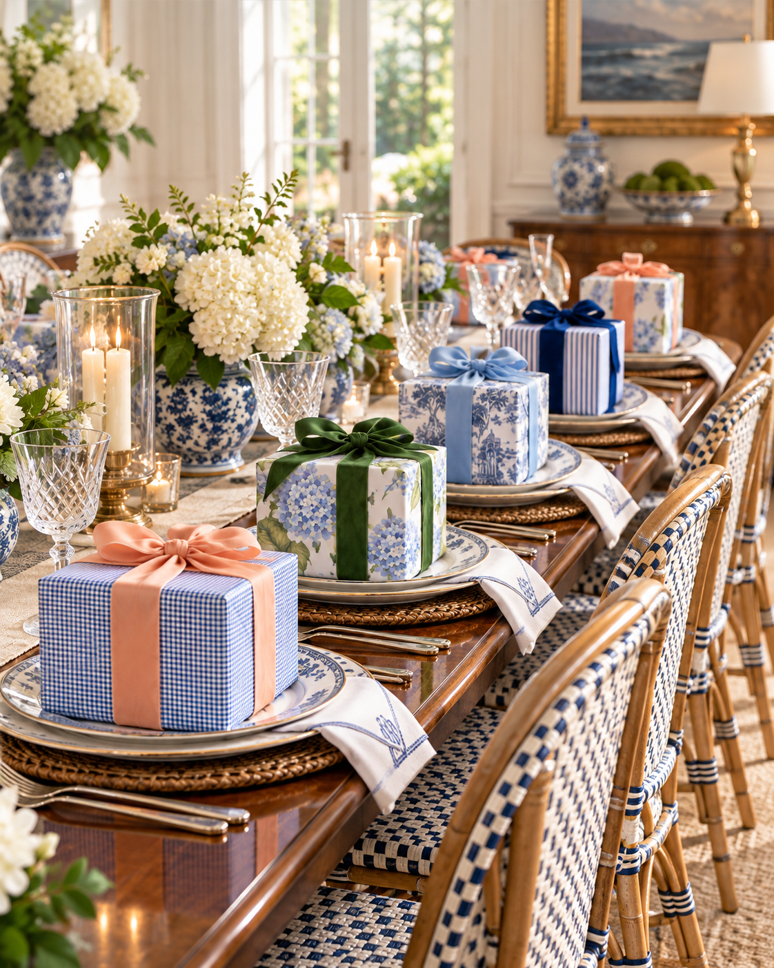 Celebration table scape with coordinated wrapped gifts at each place setting..