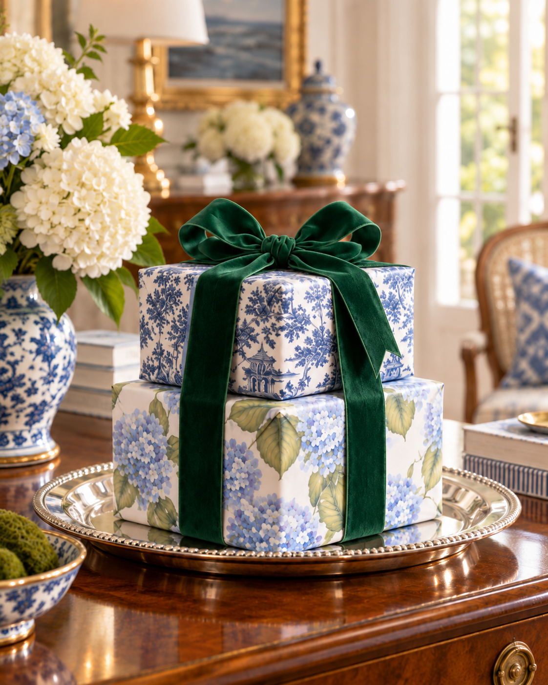 Two floral-patterned gift boxes with a dark green velvet bow on a silver tray, surrounded by hydrangeas and blue-and-white porcelain decor.