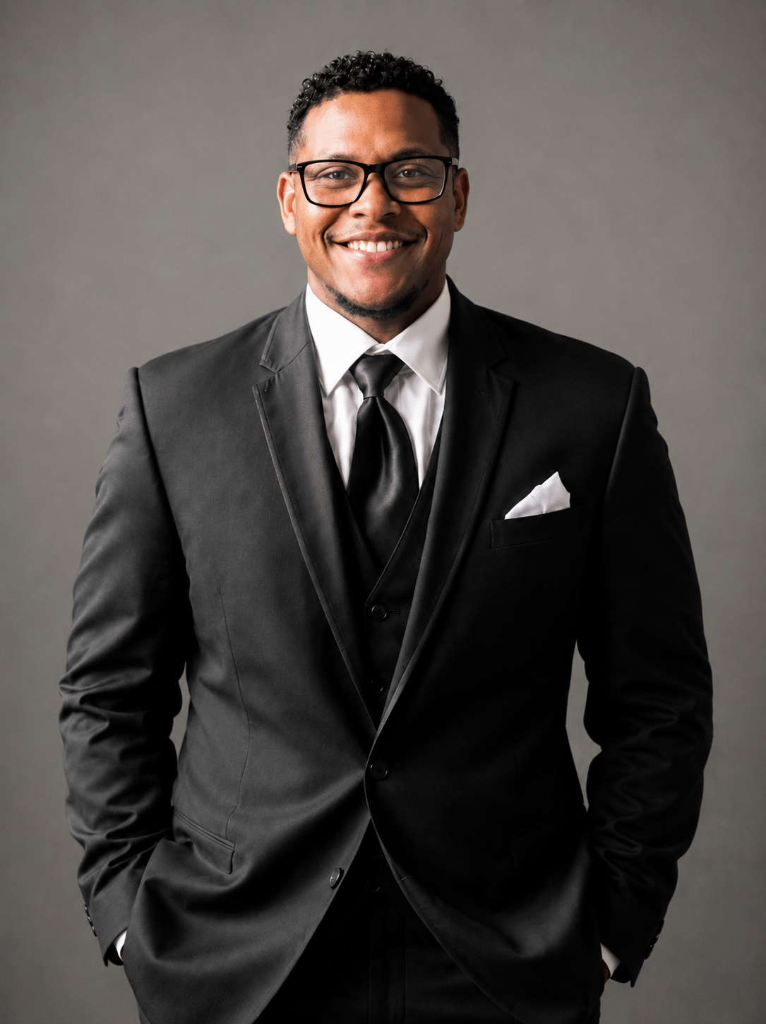 A smiling man dressed in a black suit, white shirt, black tie, and glasses, standing against a gray background.