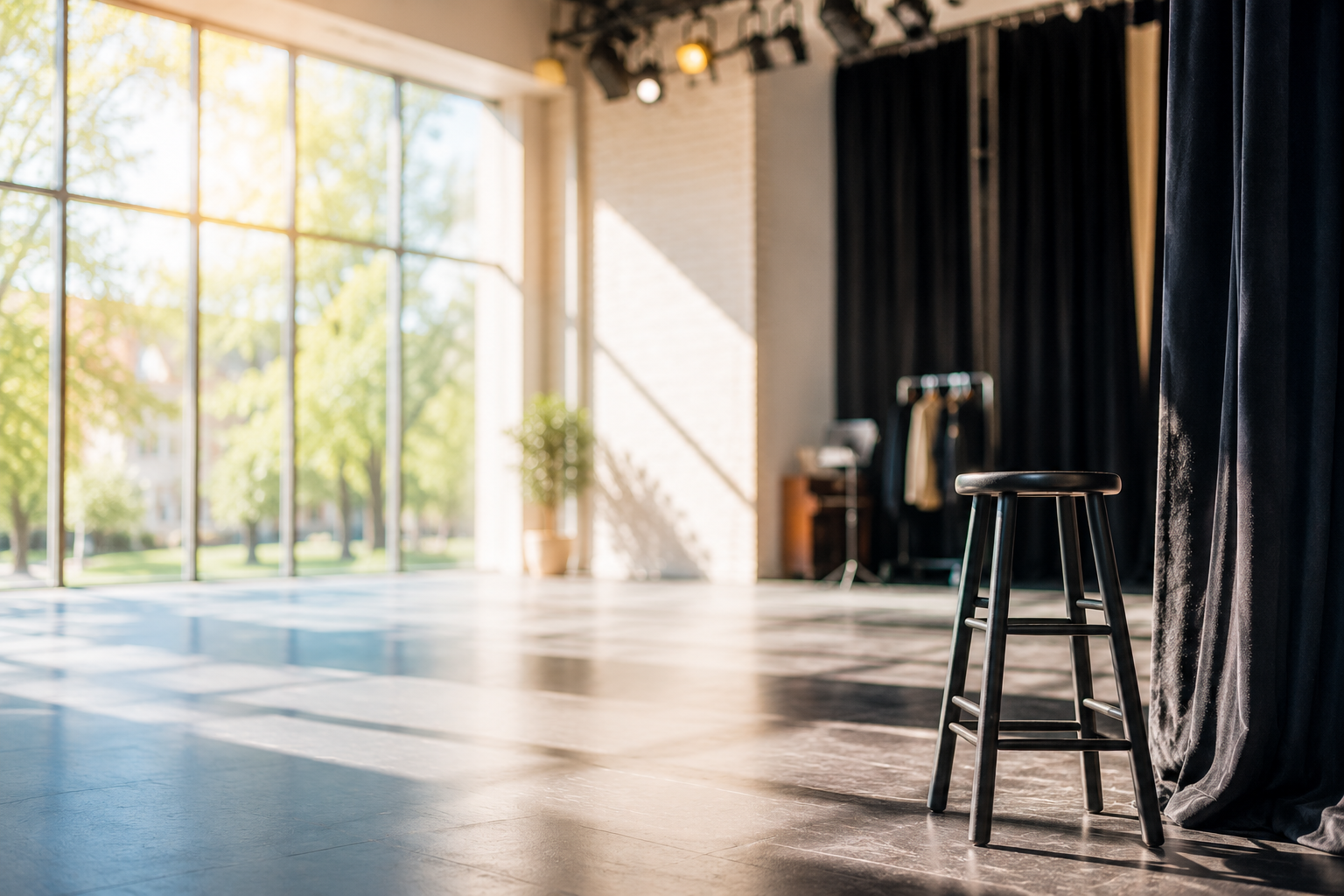 Empty black stage with a stool and black curtains, illuminated by natural sunlight streaming through large windows, with a view of trees outside.