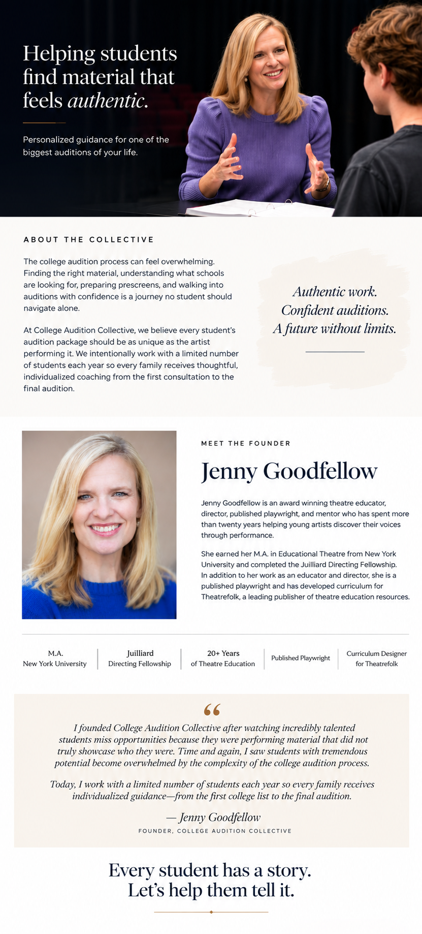 A promotional webpage for College Audition Collective, featuring a smiling woman in a purple sweater speaking with a student, and a profile picture of Jenny Goodfellow, the founder, with text describing her background and the organization's mission.