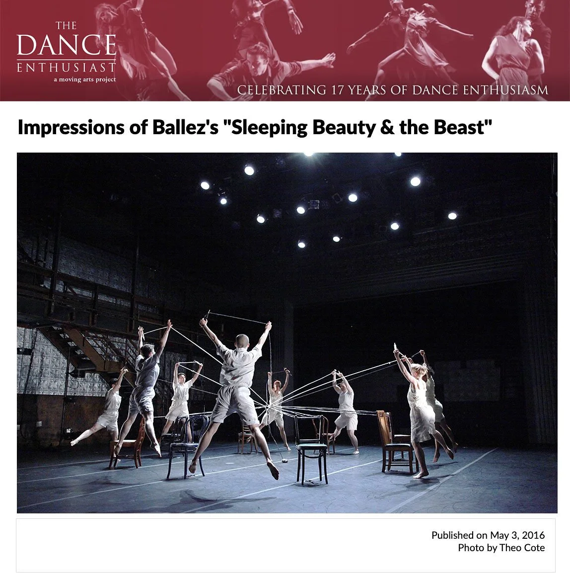 Dance performance on stage with multiple dancers holding strings connected to chairs, in a dark theater setting.