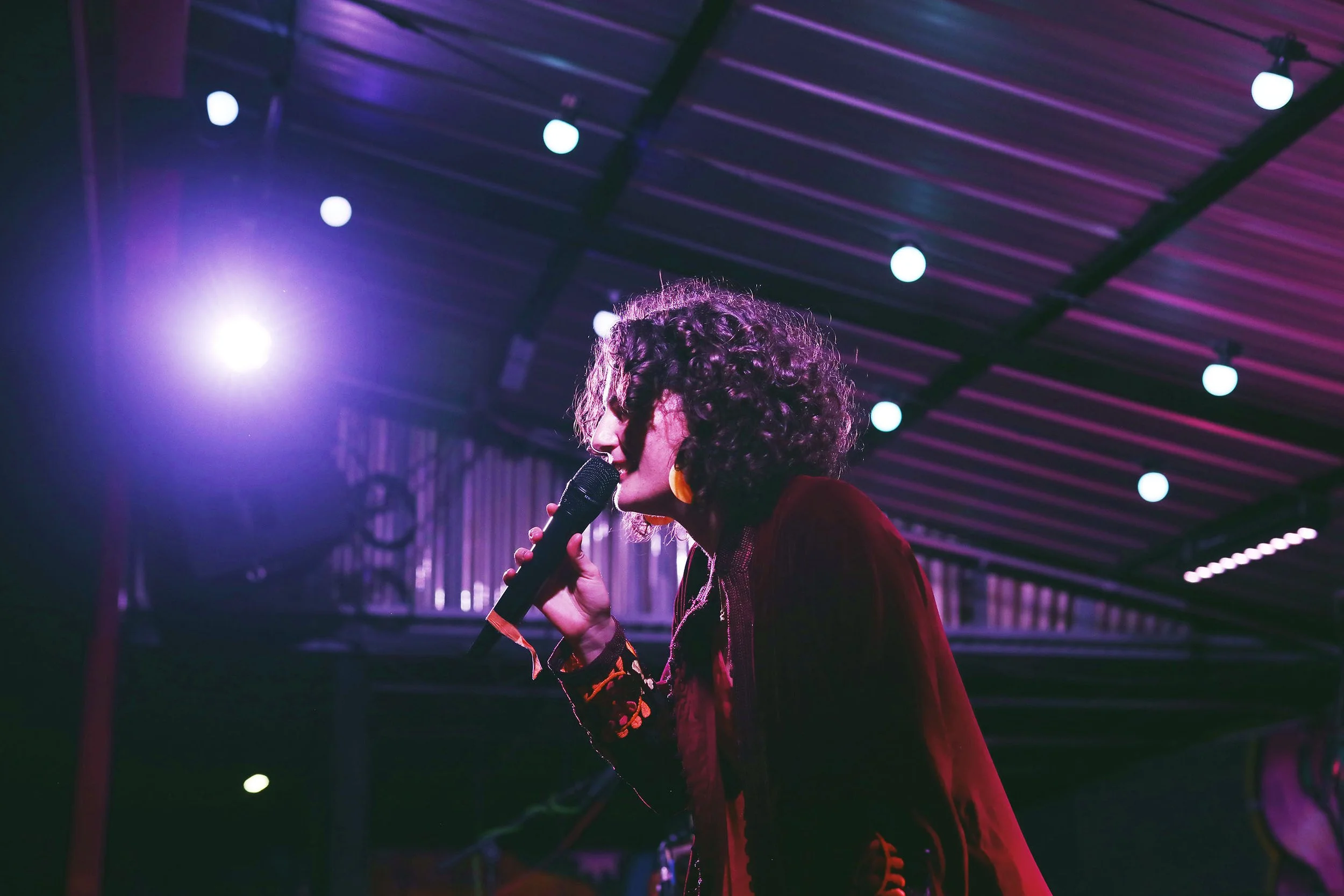 A singer with curly hair performing on stage with a microphone, illuminated by purple and blue stage lights, in a venue with a metal roof and hanging light bulbs.