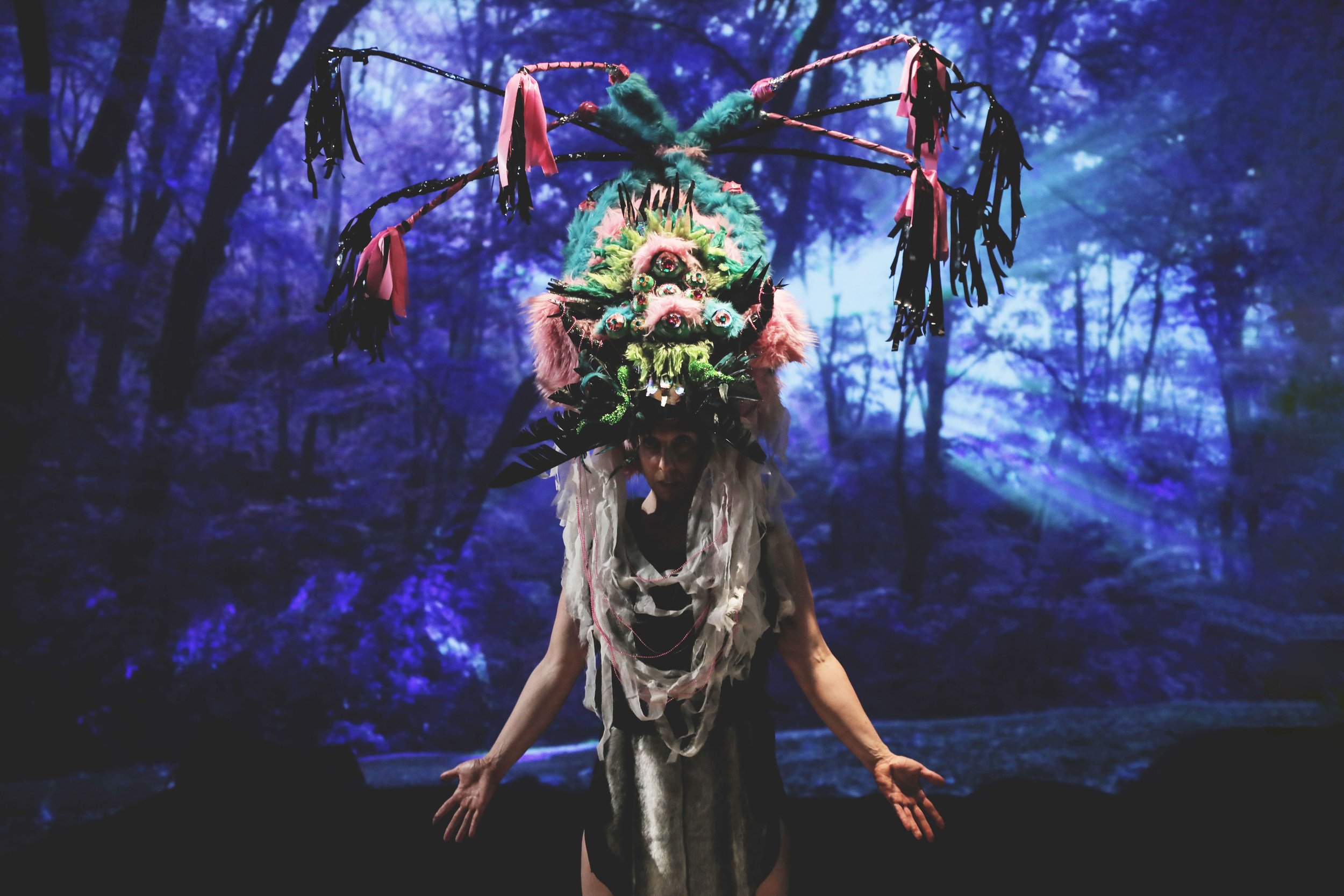 Performer wearing colorful costume and mask, standing in a forest setting with blue-toned lighting, arms extended outward.