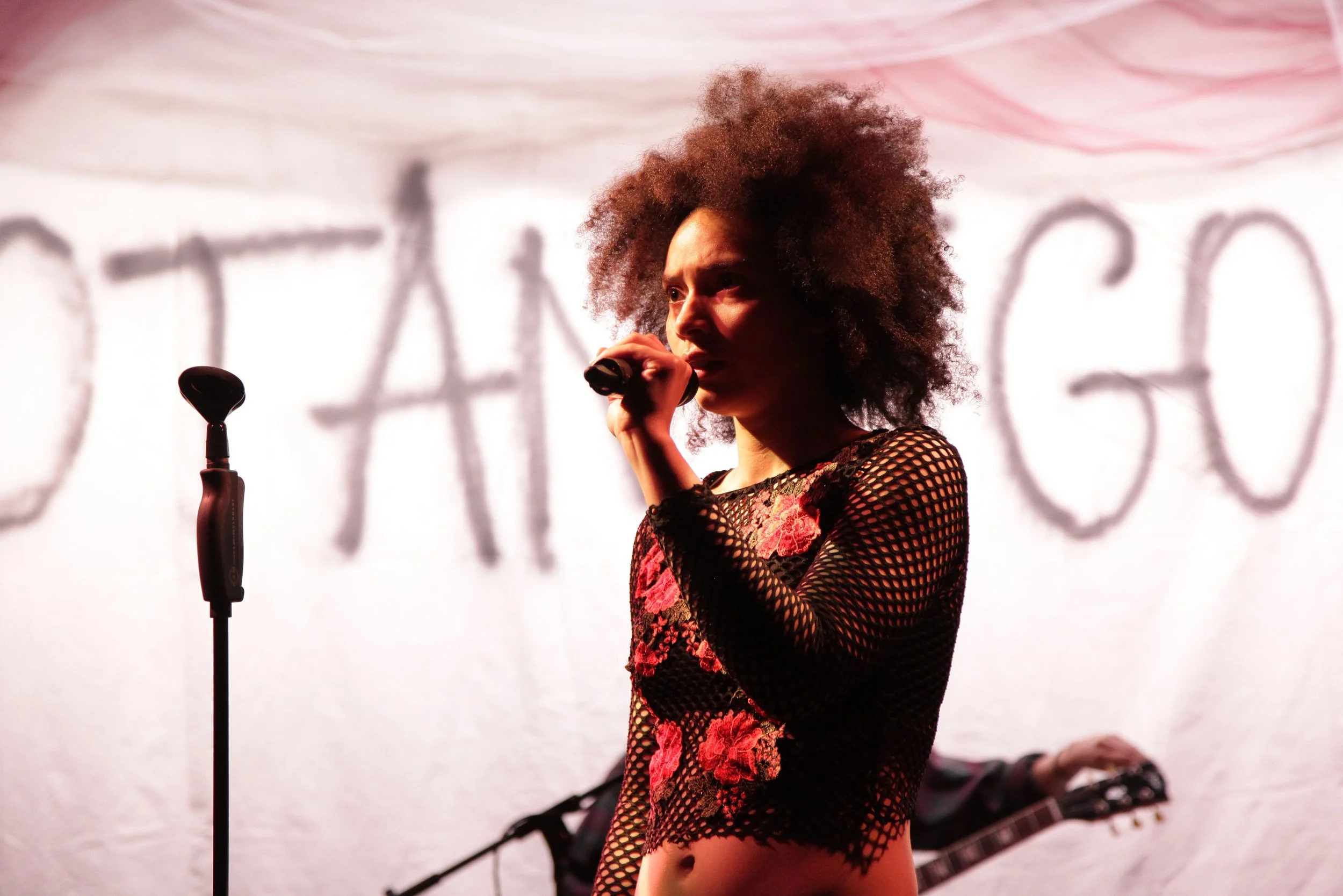 A woman with curly hair singing into a microphone on stage, with a guitar on the floor behind her and a blurred background with large letters.