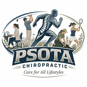 Logo for PSOTA Chiropractic featuring fitness and health icons, including a person working on a computer, a runner, a tennis player, and a person doing yoga, with a central figure displaying a healthy spine; tagline 'Care for All Lifestyles'.