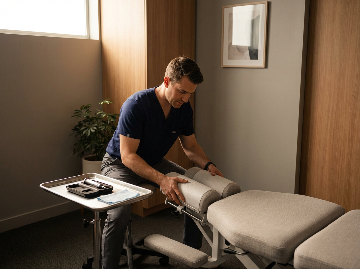 Healthcare professional adjusting a massage or treatment table in a treatment room.