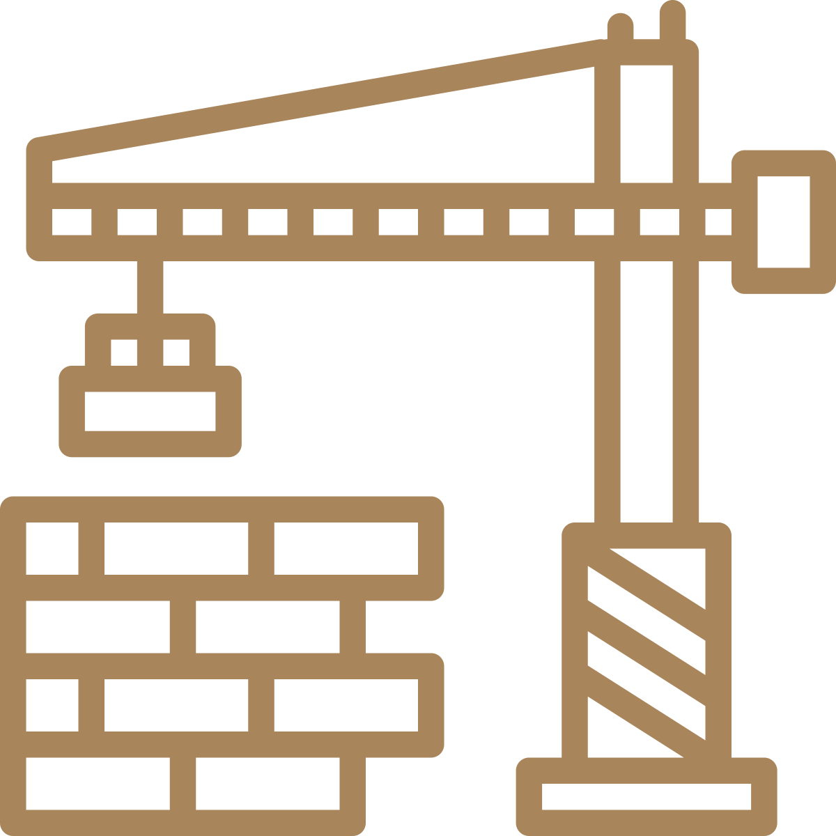 Outline illustration of a construction crane lifting bricks for building a wall.