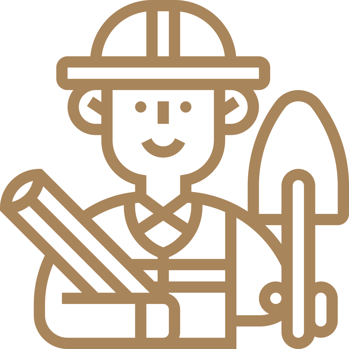 Line drawing of a male construction worker wearing a hard hat and holding a blueprint, with a shovel and a rocky terrain in the background.