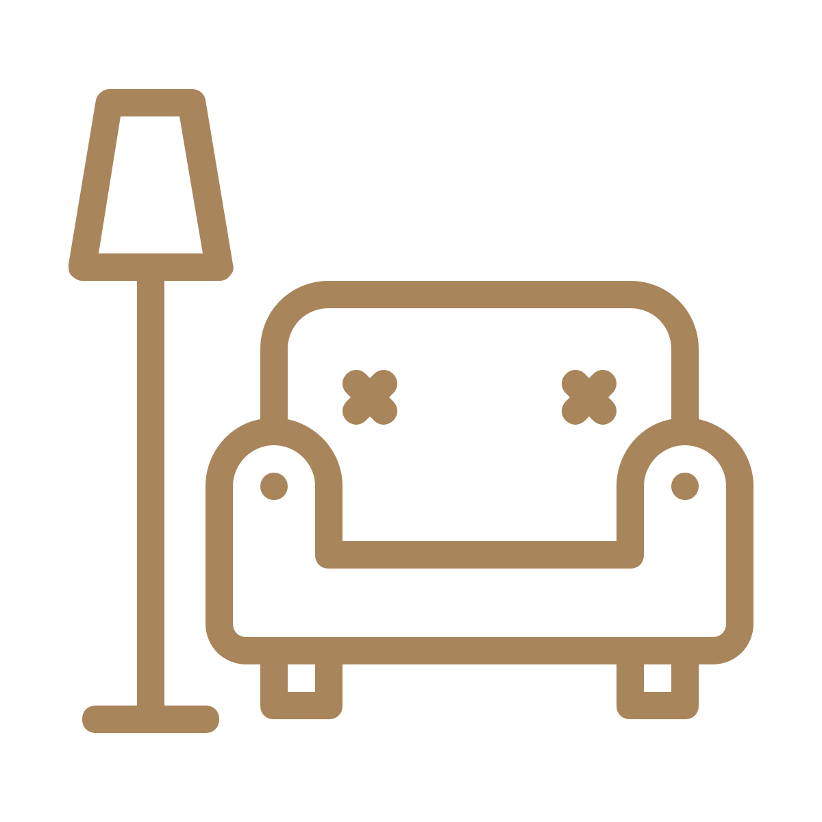 Outline of a sofa with two cushions and a floor lamp beside it.