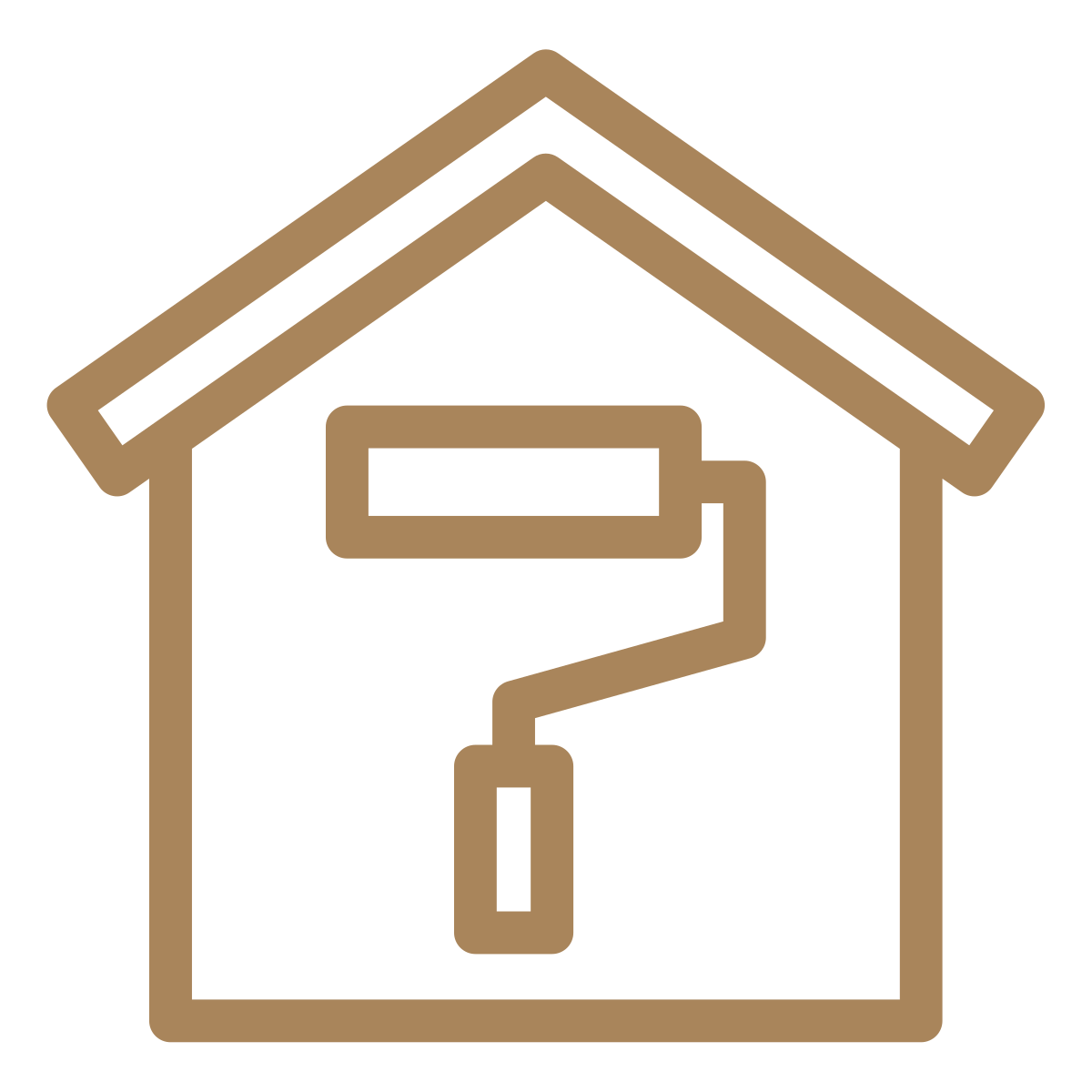 Outline of a house with a paint roller inside, representing home painting or renovation.