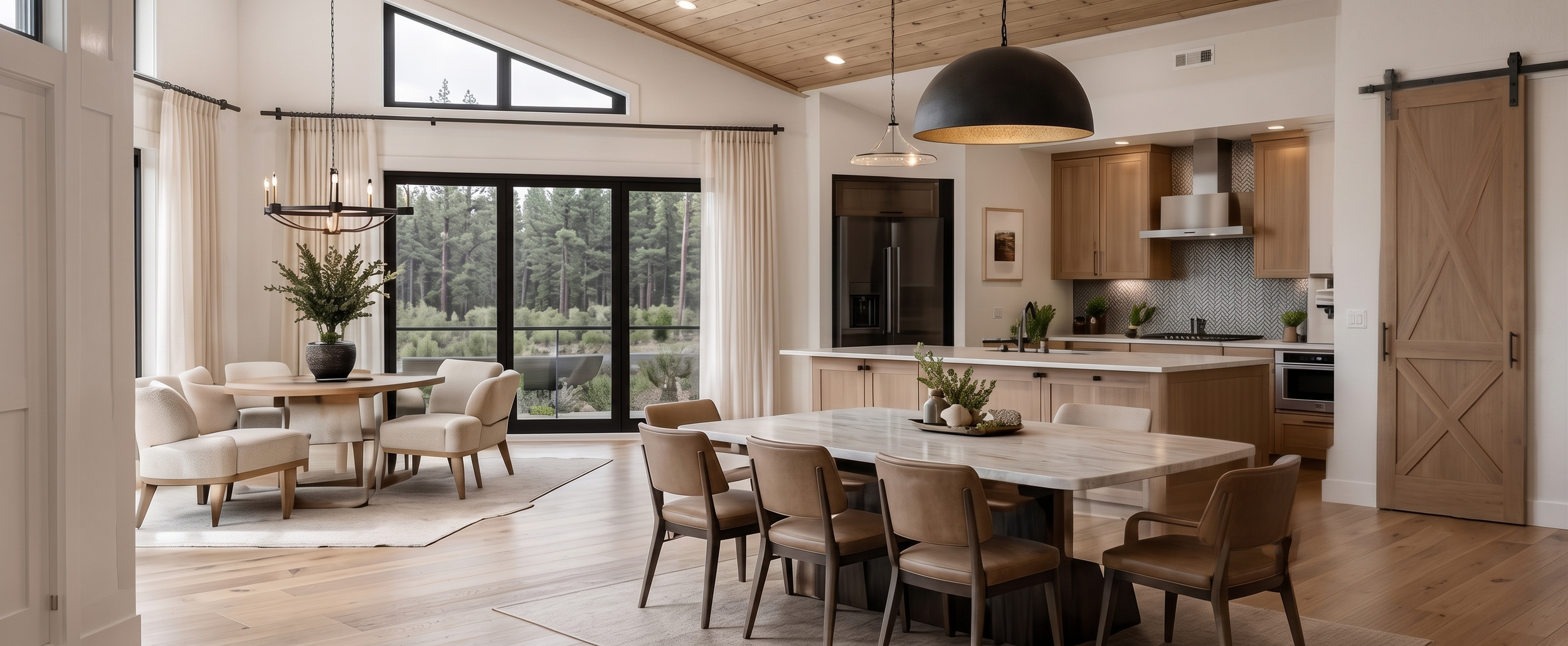 Open-concept kitchen and dining area with large windows, wooden accents, modern black and brass lighting, and neutral-toned furniture.