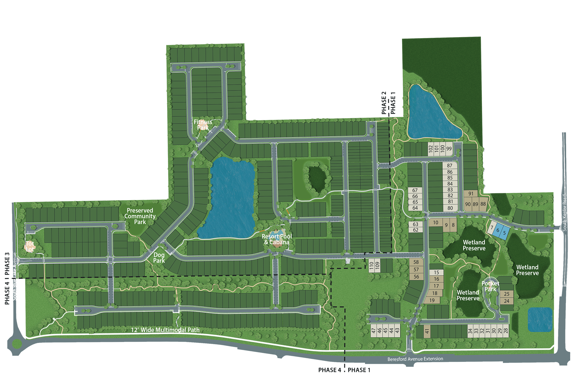 A detailed map of a residential community with streets, parks, water features, and lot numbers, including designated areas like fitness park, resort pool and cabana, preserved wetlands, and multiple parking zones.