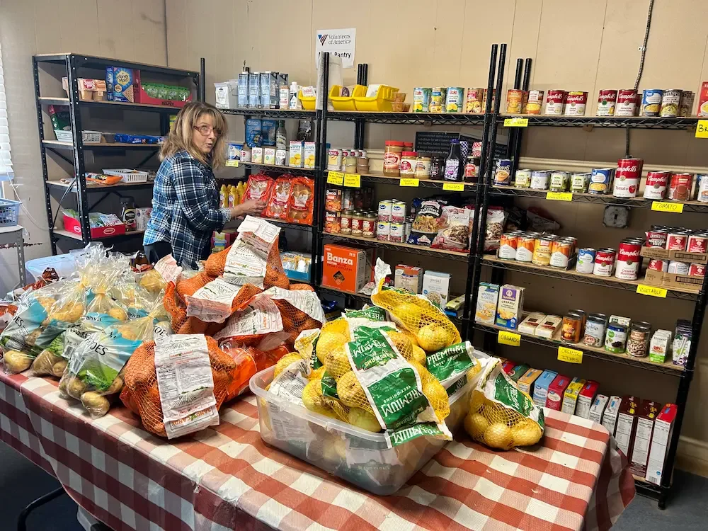 Woman shopping for groceries in a pantry store with canned goods, onions, potatoes, and bagged produce on a checkered table.