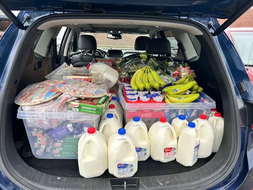 Back of a car trunk filled with groceries, including milk jugs, bananas, pizza, yogurt, and other food items.