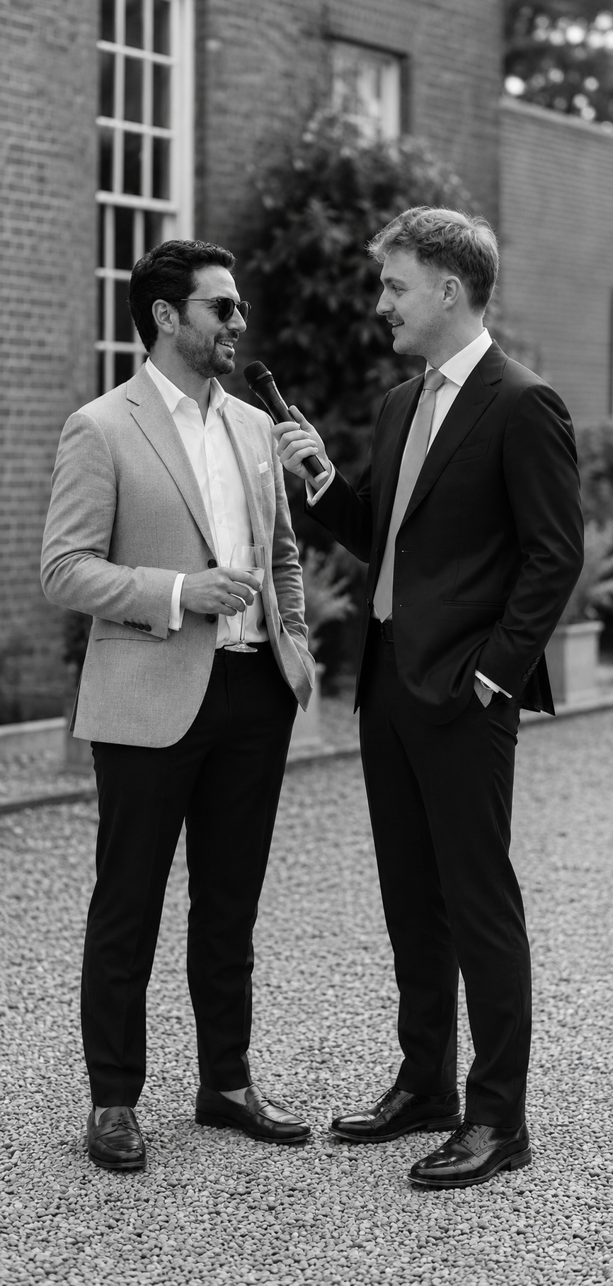 Wedding guest interview film with host interviewing a guest at a UK wedding reception