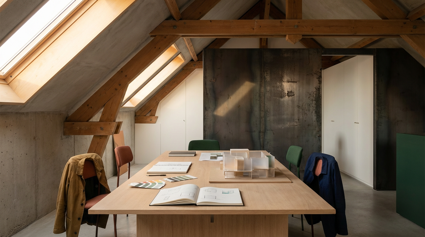 An attic conference room with a wooden table, four chairs, architectural models, open books, and samples. Sloped ceiling with skylights and exposed wooden beams.