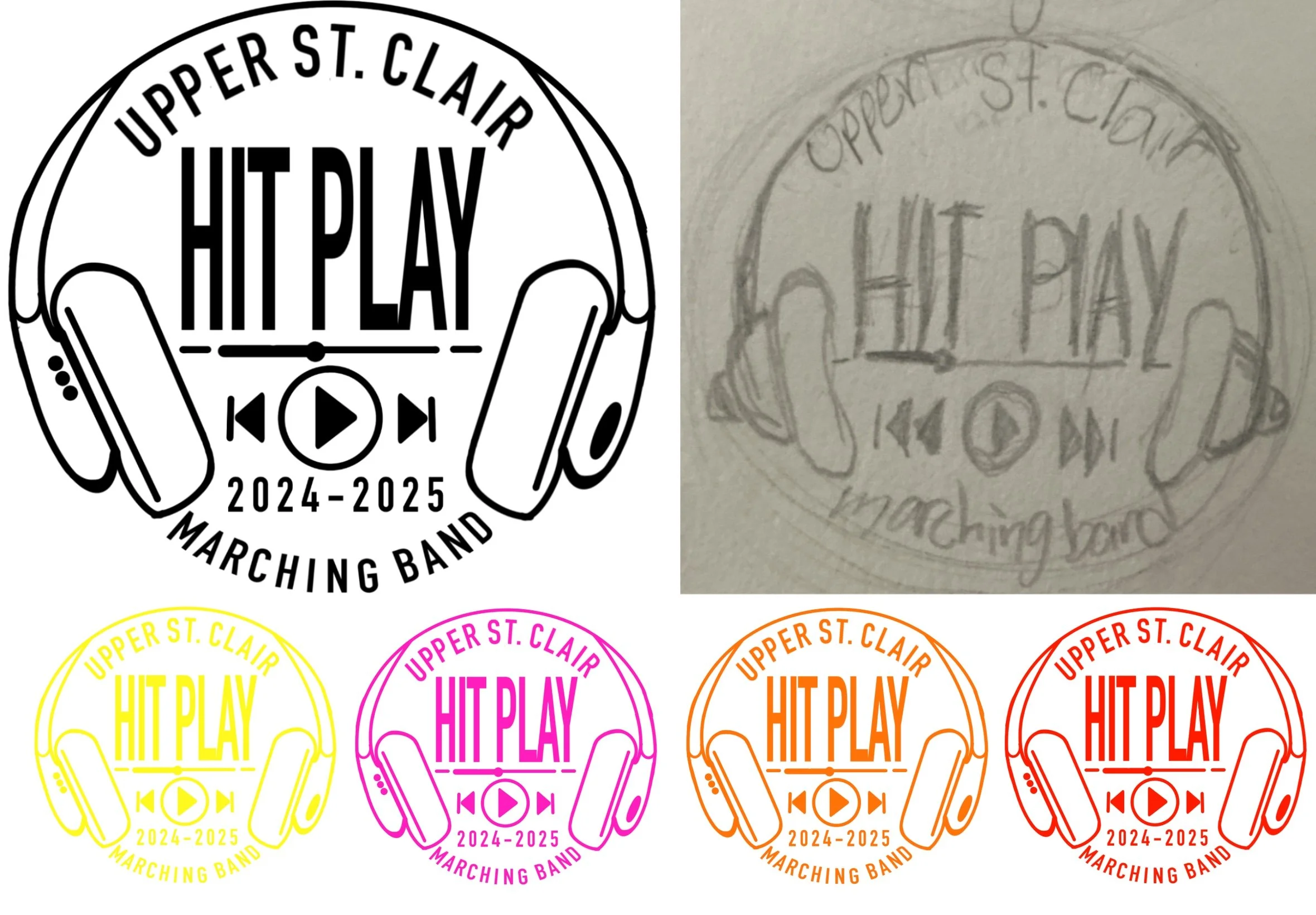 Designs of circular logos for Upper St. Clair Marching Band, featuring headphones, a play button, and the text "Upt Play" with different colors and the years 2024-2025.