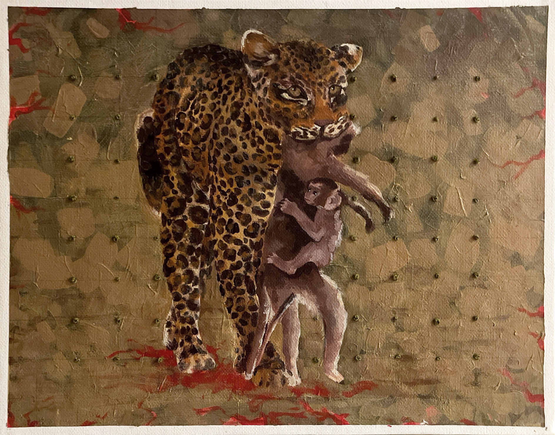 Painting of a jaguar, a woman, and a baby in a stylized, semi-abstract art style. The jaguar has detailed spots, and the woman and baby are rendered in muted tones. The background features textured earth tones with red accents.