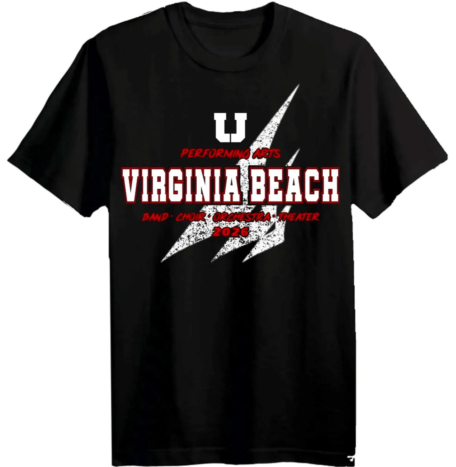 Black T-shirt with white and red text and a lightning bolt graphic, promoting a Virginia Beach arts event in 2026 including band, choir, orchestra, and theater performances.
