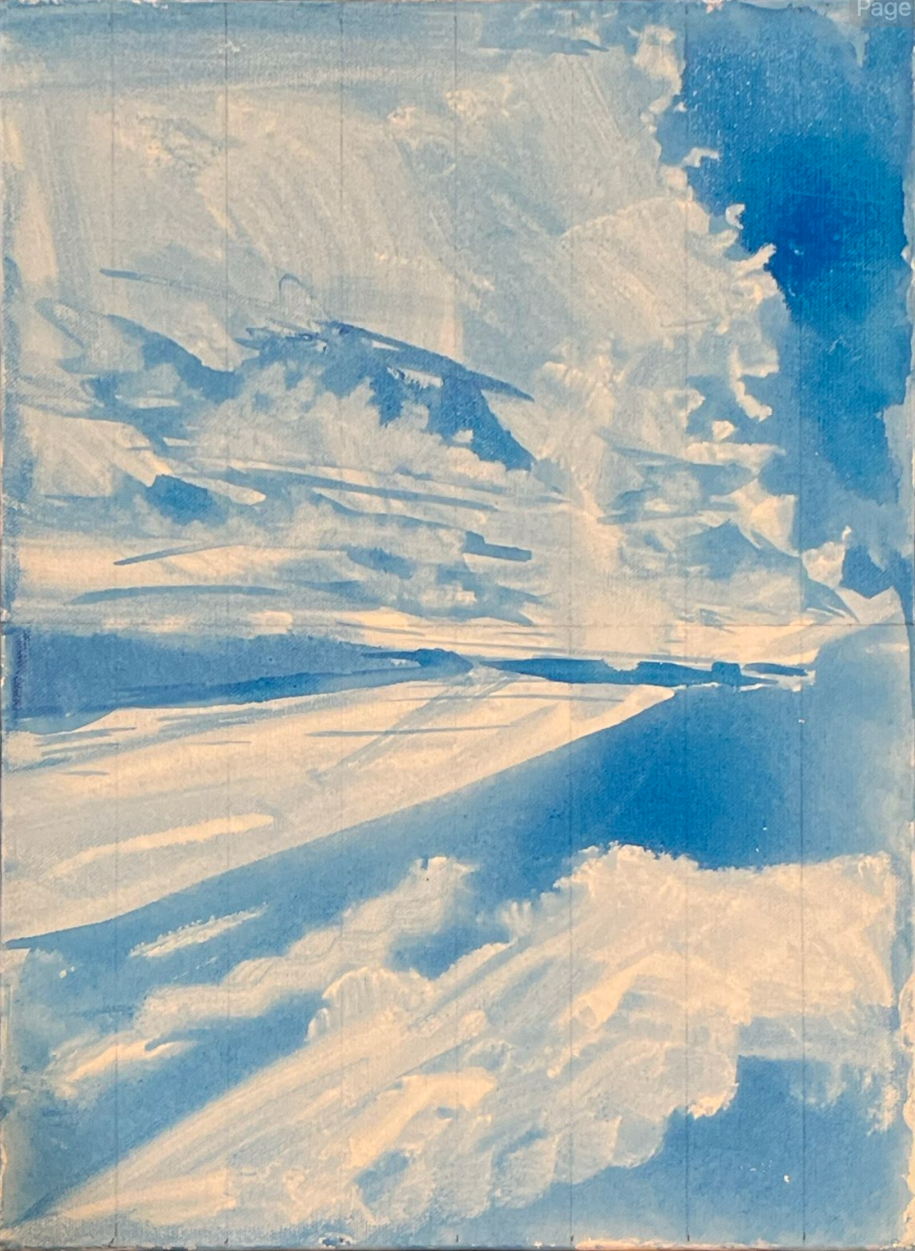 A painting of a cloudy sky with sunlight streaming through the clouds over a snowy landscape.