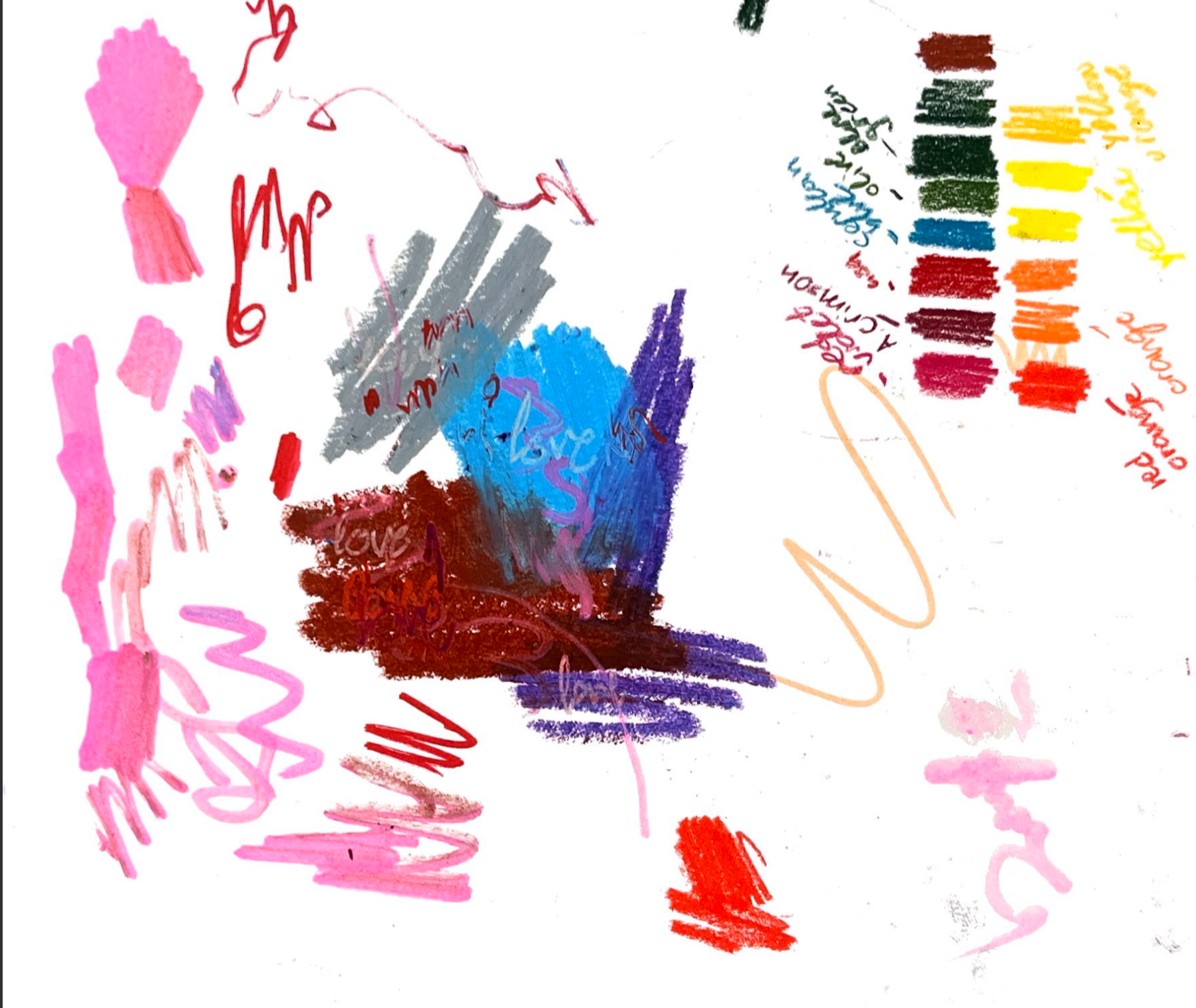 Colorful abstract drawing with various scribbles and paint strokes, including pink, red, purple, blue, green, yellow, orange, black, and gray, with some handwritten words scattered across the image.