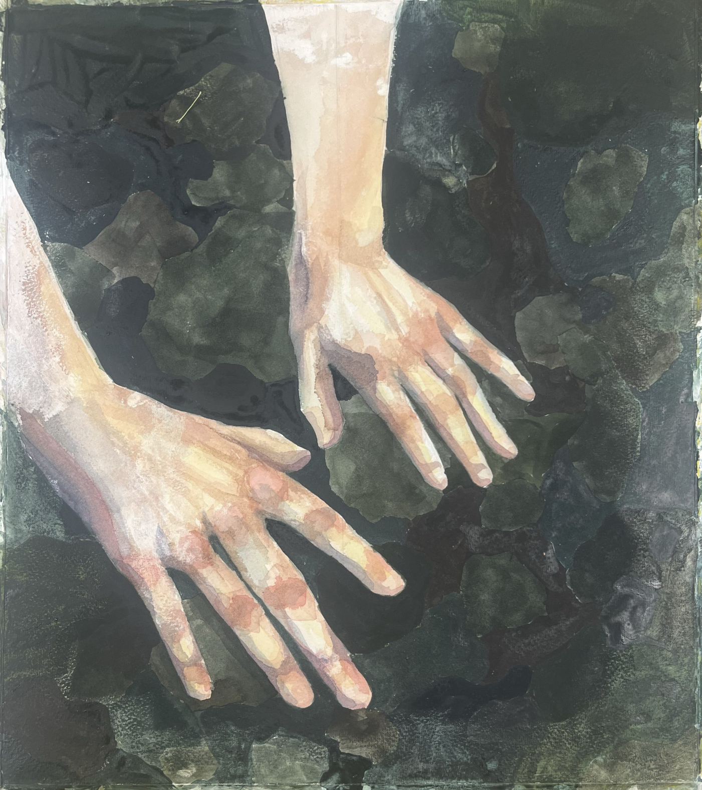 Painting of two hands with fingers extended, surrounded by dark rocks or stones.