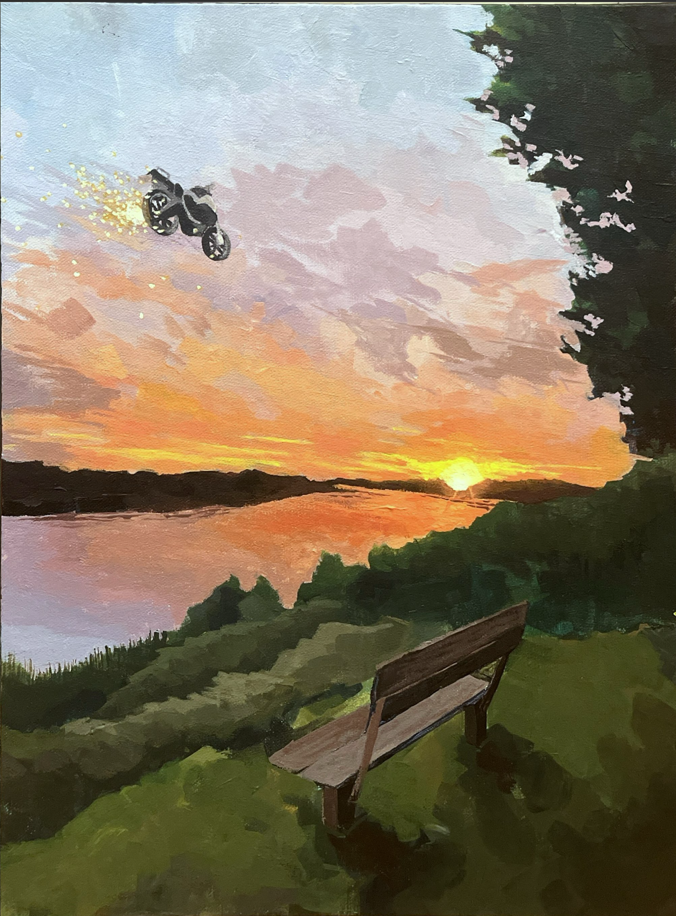 A painting of a sunset over a body of water, with a sky filled with pink, purple, and orange clouds. There is a bench on green grass in the foreground, and trees on the right side of the image. A bicycle is flying through the air on the left side, leaving a trail of sparks behind.