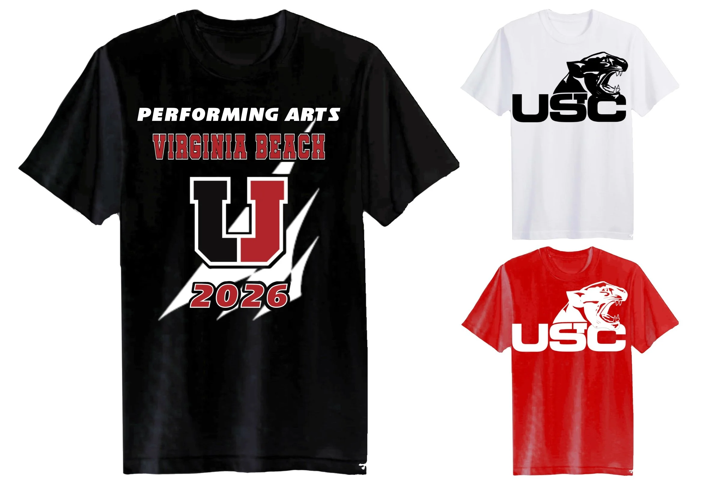 Various sports t-shirts with university logos and slogans. The prominent black t-shirt says 'Performing Arts Virginia Beach 2026' with a large number 1. To its right, a white t-shirt features the USC logo with a black panther head. Below, a red t-shi