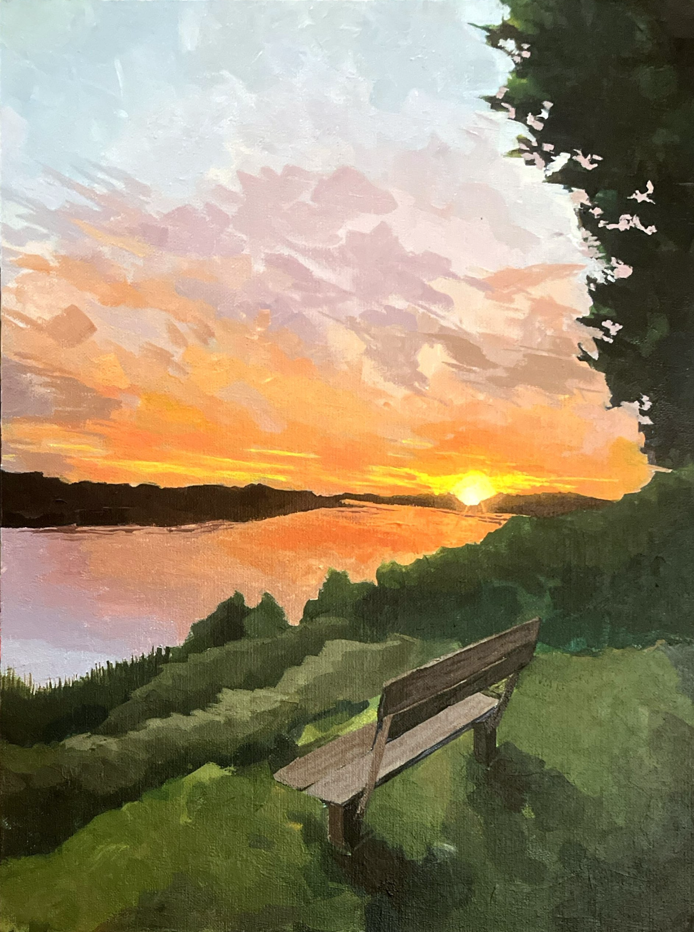 A painted landscape of a sunset over a body of water, with orange, pink, and purple clouds in the sky, green trees on the horizon, and a grassy area with a wooden bench in the foreground.