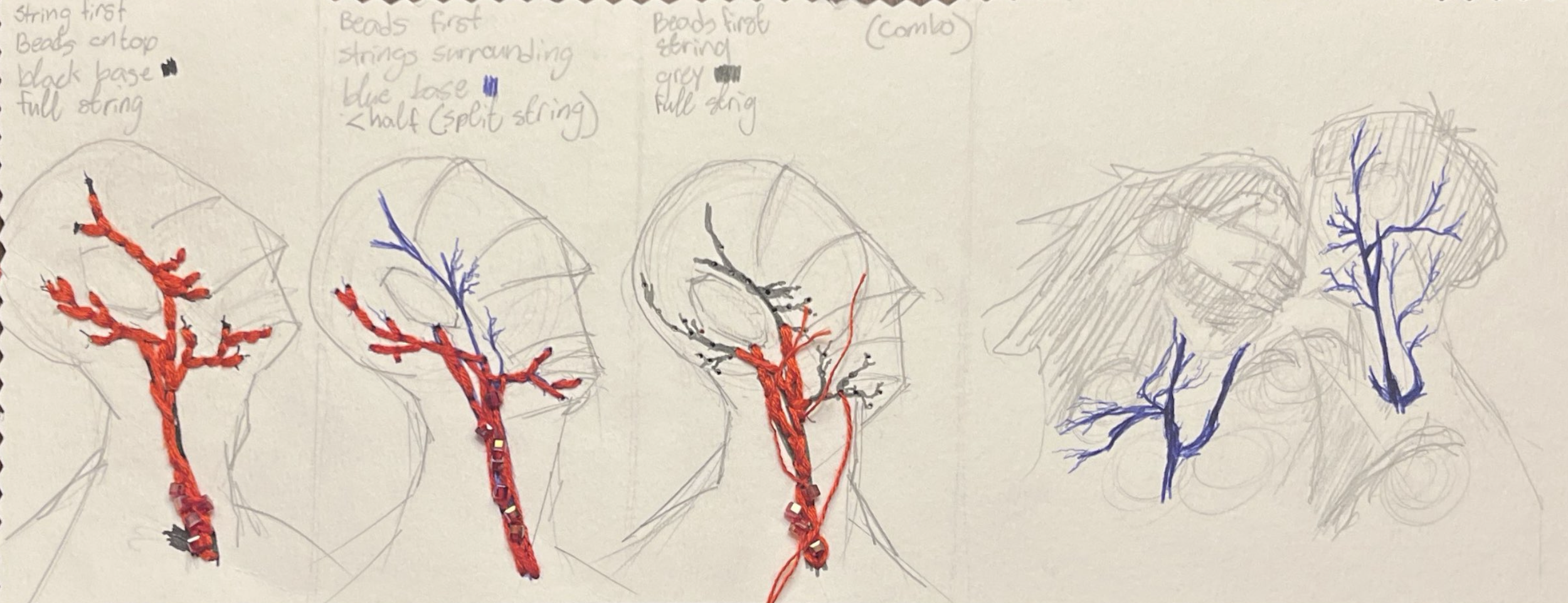 A series of sketches showing the process of embroidery, starting from pencil drawings of trees with branches, followed by red embroidered branches, and ending with blue branches added in embroidery and pencil drawings of trees.